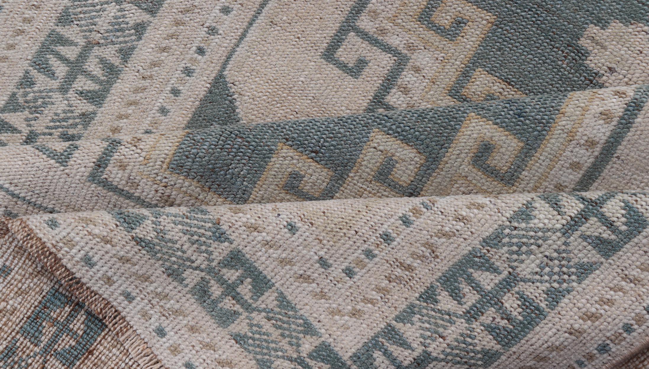 Vintage Turkish Oushak Rug With Geometric Medallions in Soft Green  3'3 x 6'1 4