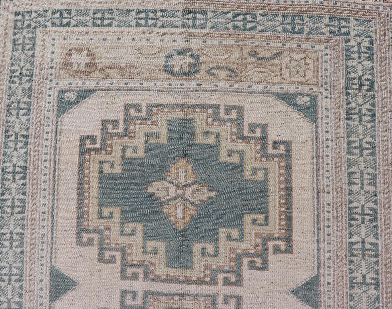 20th Century Vintage Turkish Oushak Rug With Geometric Medallions in Soft Green  3'3 x 6'1