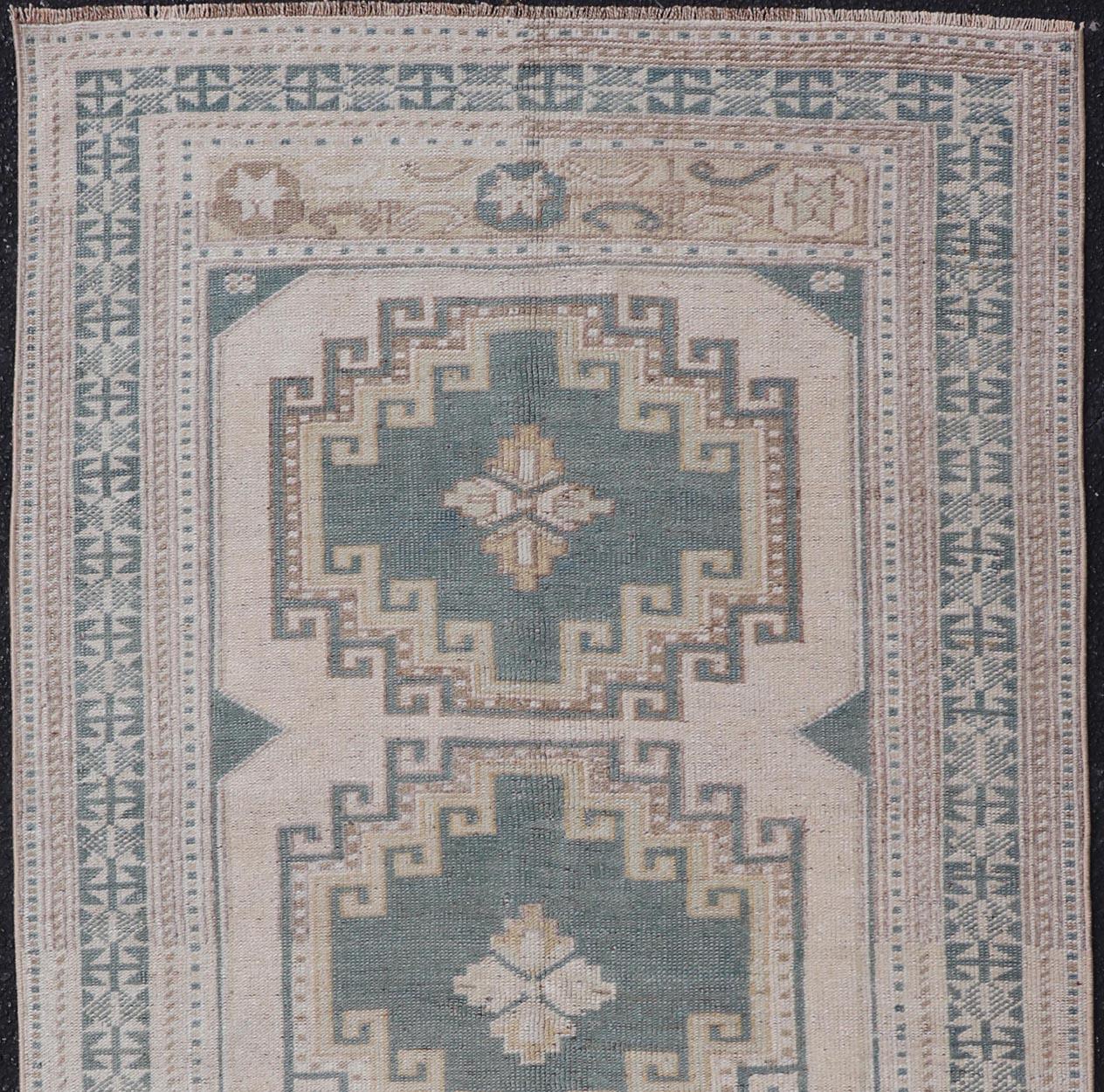 Wool Vintage Turkish Oushak Rug With Geometric Medallions in Soft Green  3'3 x 6'1