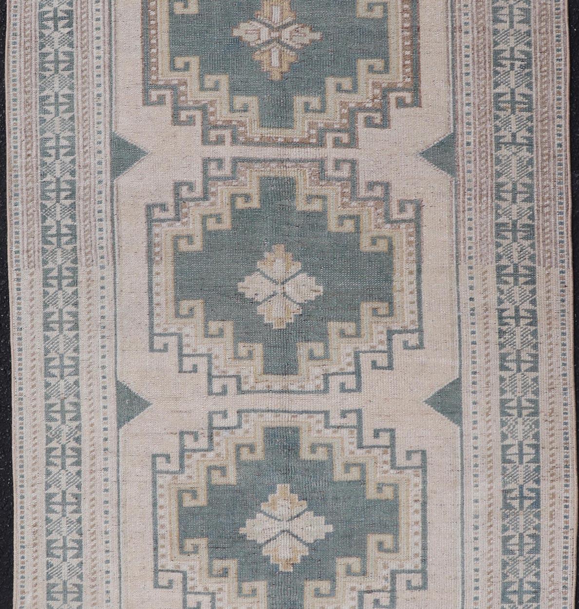 Vintage Turkish Oushak Rug With Geometric Medallions in Soft Green  3'3 x 6'1 1