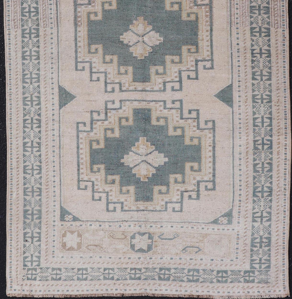 Vintage Turkish Oushak Rug With Geometric Medallions in Soft Green  3'3 x 6'1 2