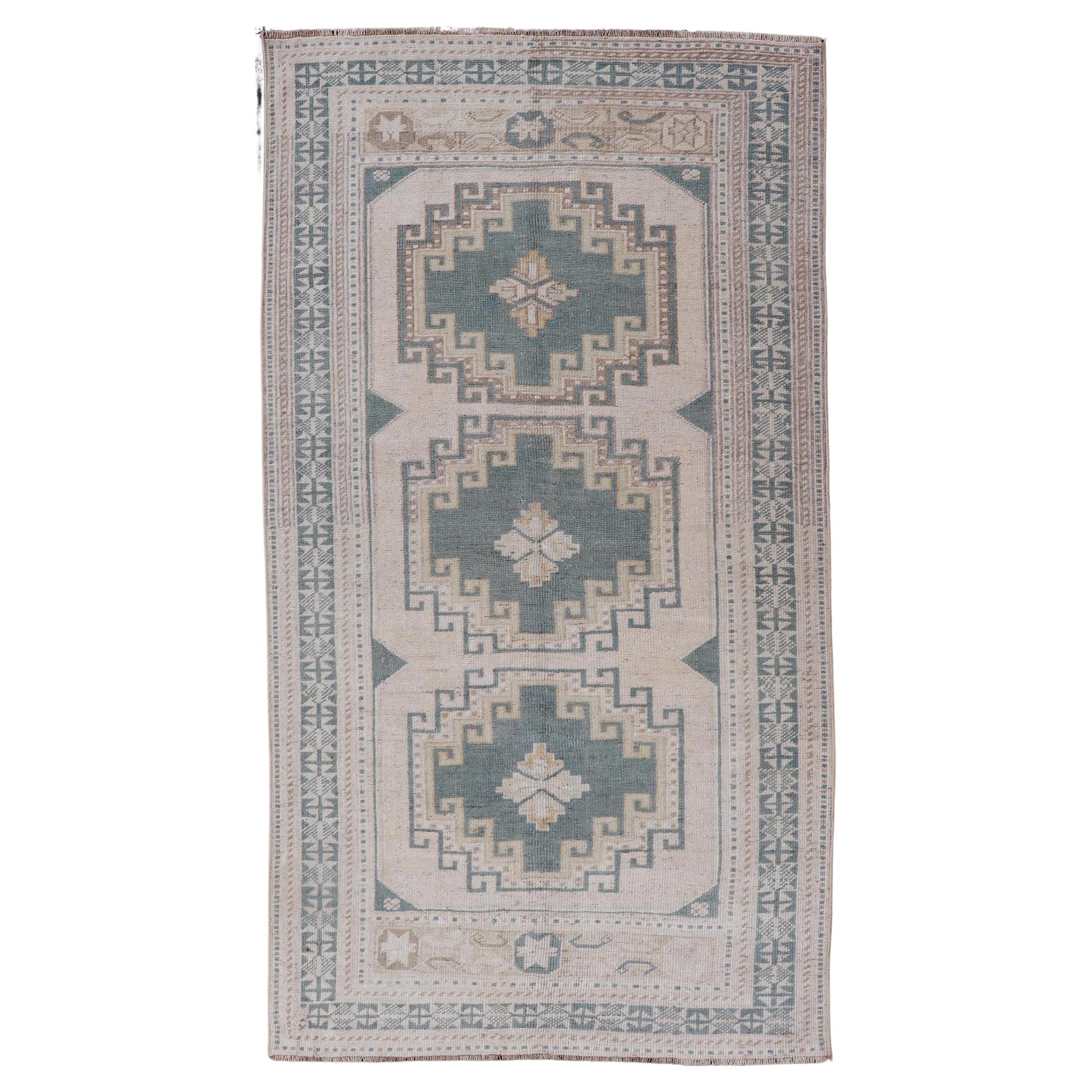 Vintage Turkish Oushak Rug With Geometric Medallions in Soft Green  3'3 x 6'1