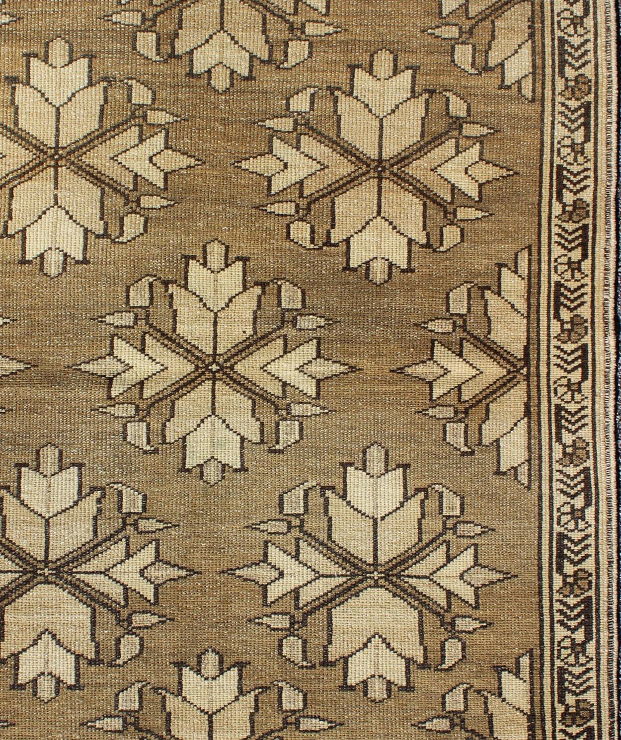 20th Century Vintage Turkish Oushak Rug with Geometric Motifs in Warm Beige Green 3'2 x 4'4 For Sale