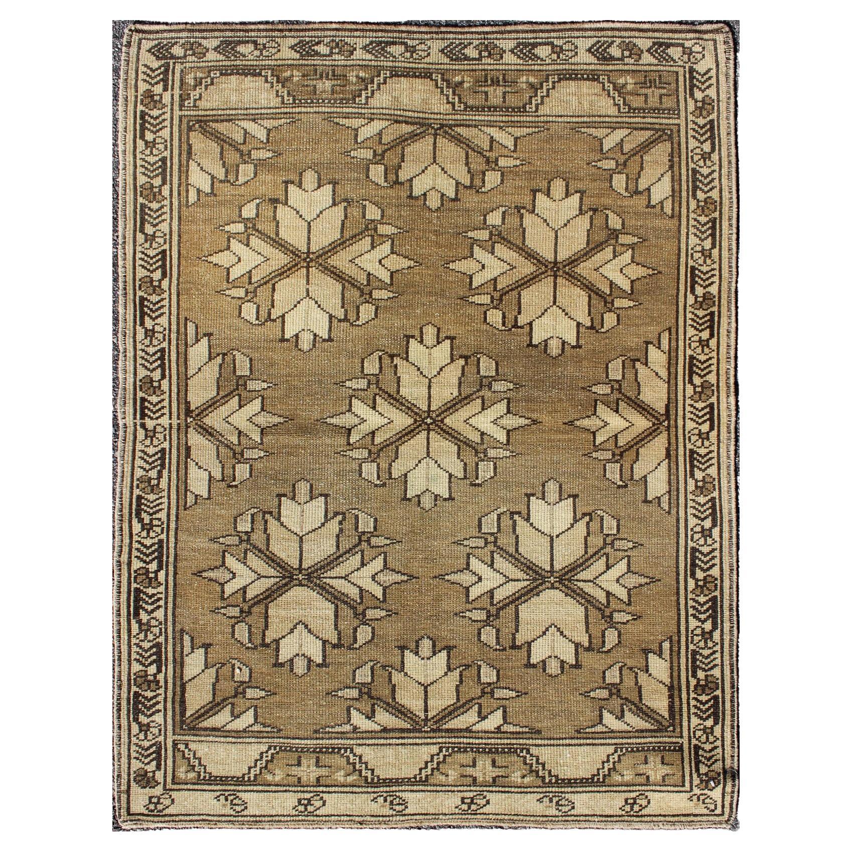 Vintage Turkish Oushak Rug with Geometric Motifs in Warm Beige Green 3'2 x 4'4 For Sale