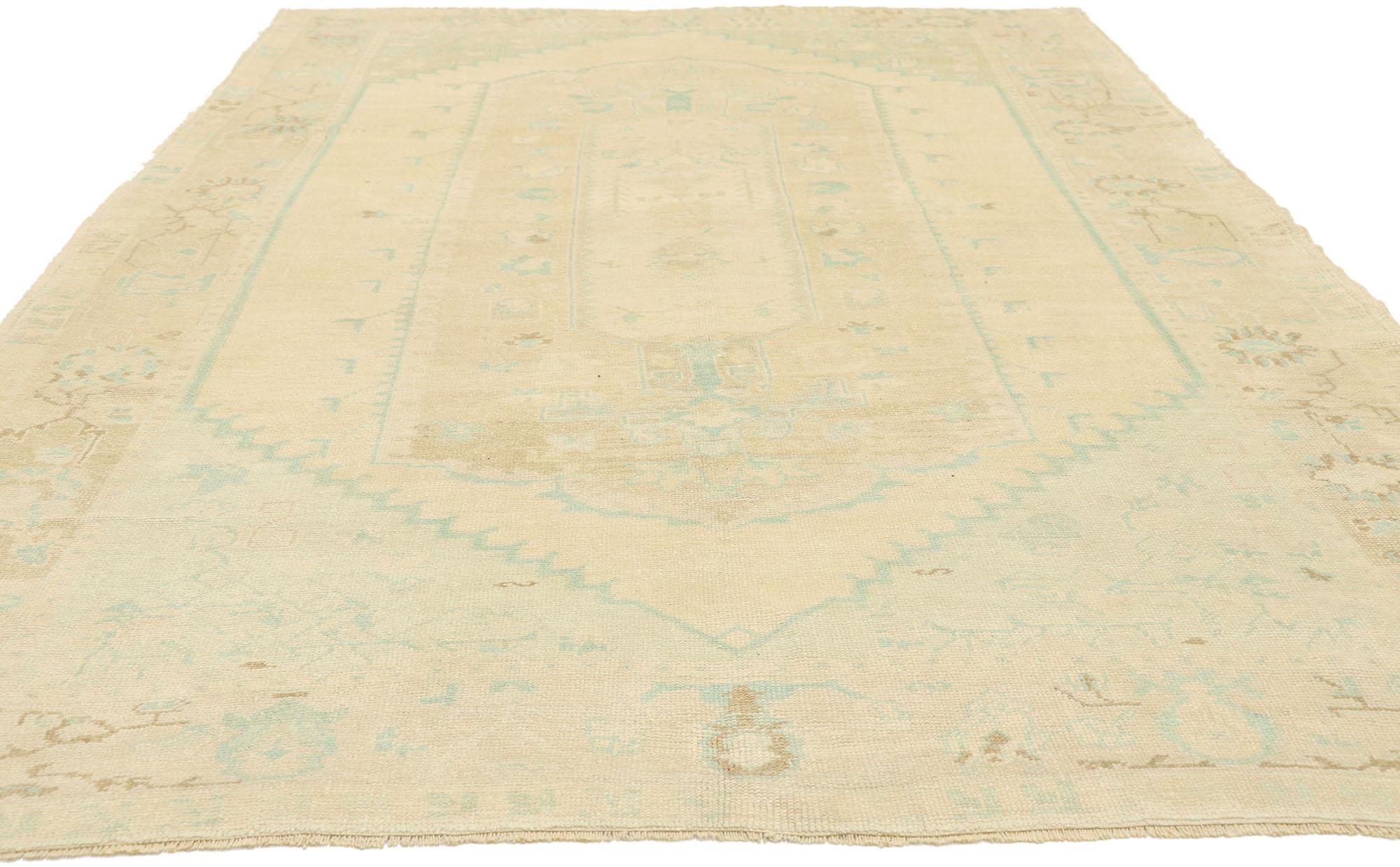 Hand-Knotted Vintage Turkish Oushak Rug with Gustavian Swedish Country Cottage Style For Sale