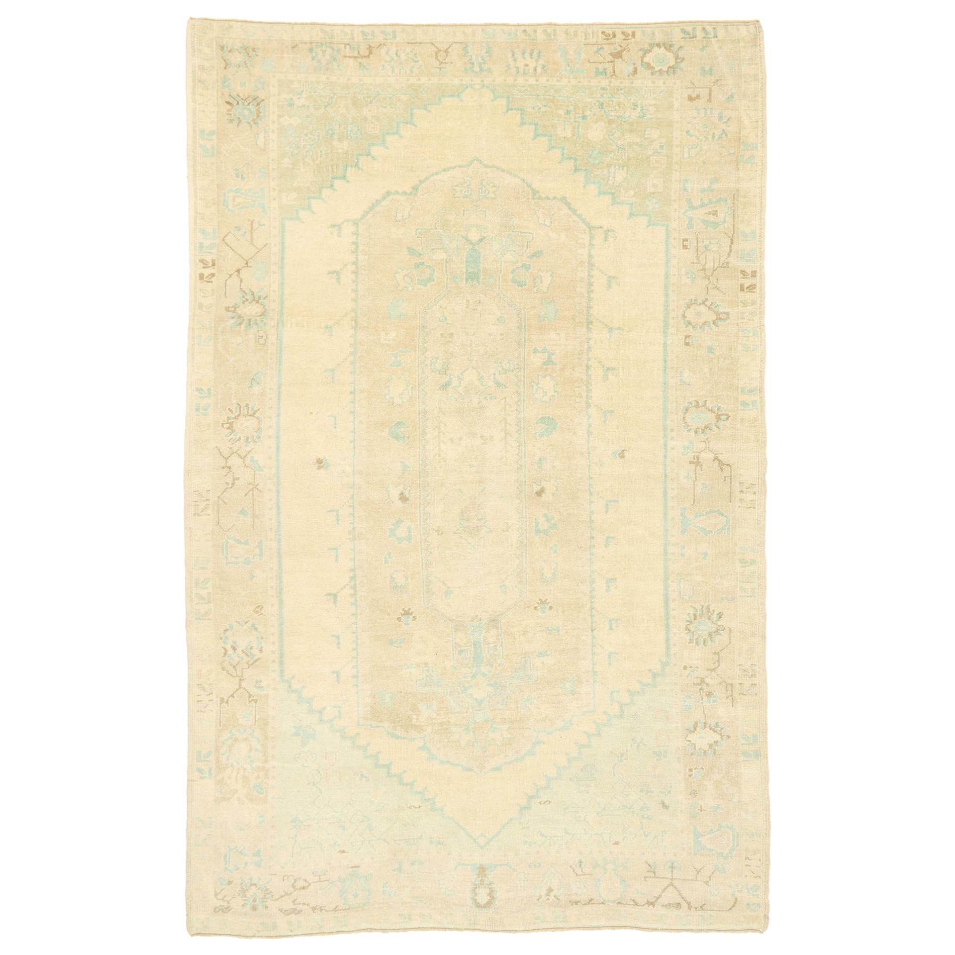 Vintage Turkish Oushak Rug with Gustavian Swedish Country Cottage Style For Sale