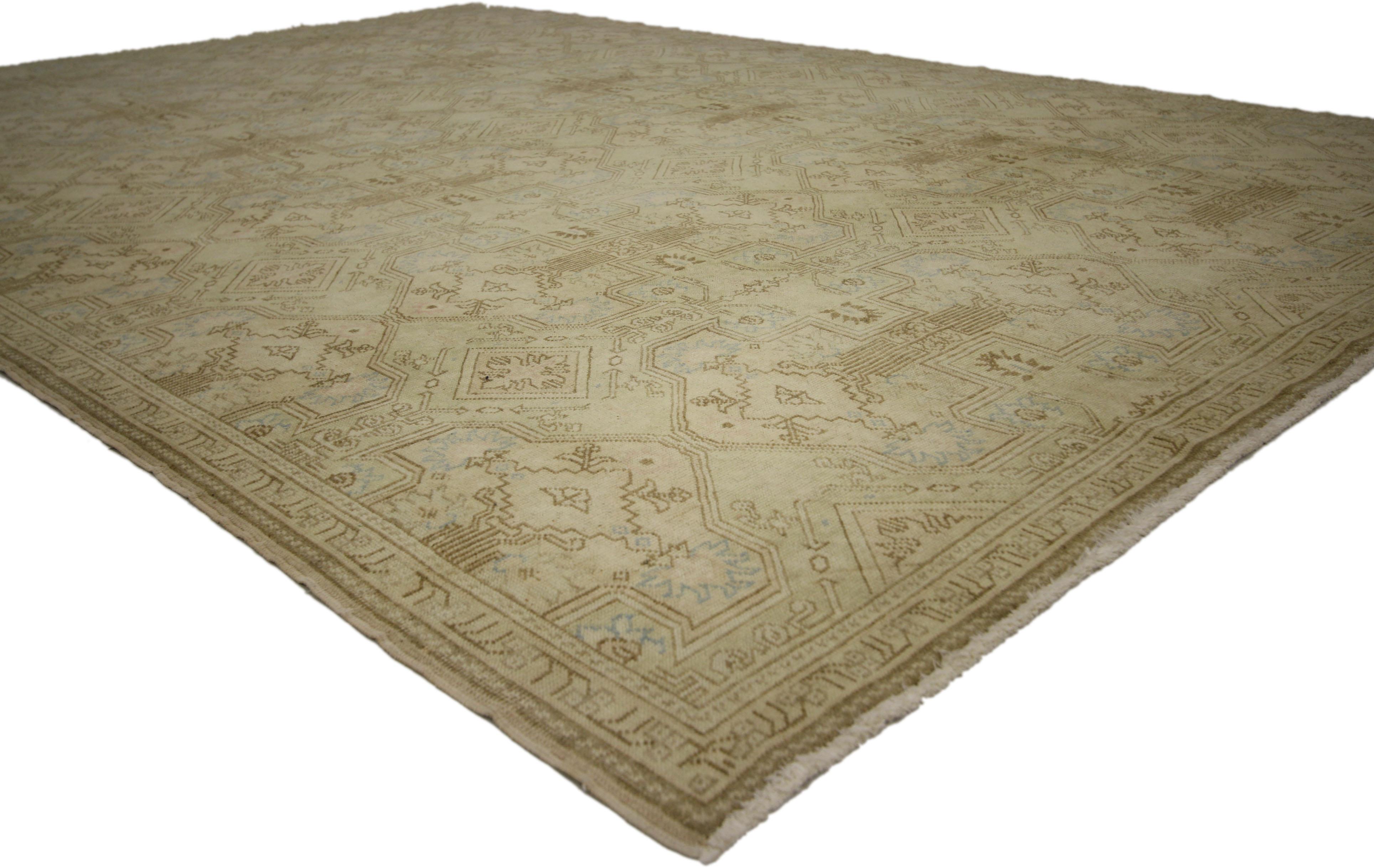 Hand-Knotted Vintage Turkish Oushak Rug with Islamic Geometric Pattern and Elizabethan Style For Sale