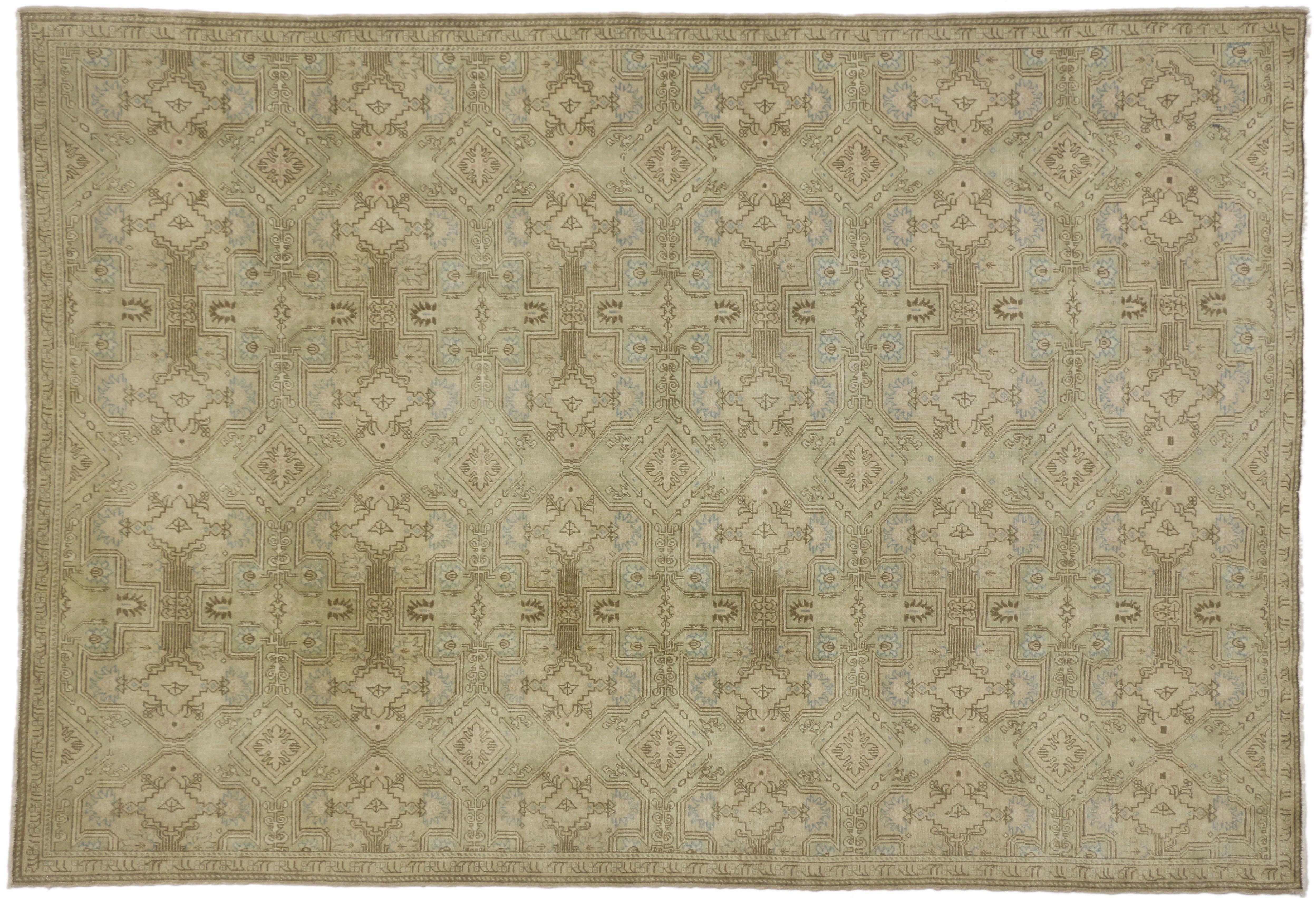 20th Century Vintage Turkish Oushak Rug with Islamic Geometric Pattern and Elizabethan Style For Sale