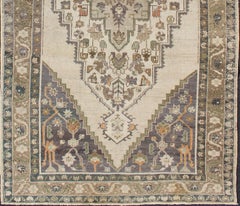 Vintage Turkish Oushak Rug with Ivory Field and Deep Lavender and Sage4'9 x 9'10