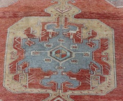 Vintage Turkish Oushak Rug with Large Medallion Design in Soft Red, Blue, Yellow