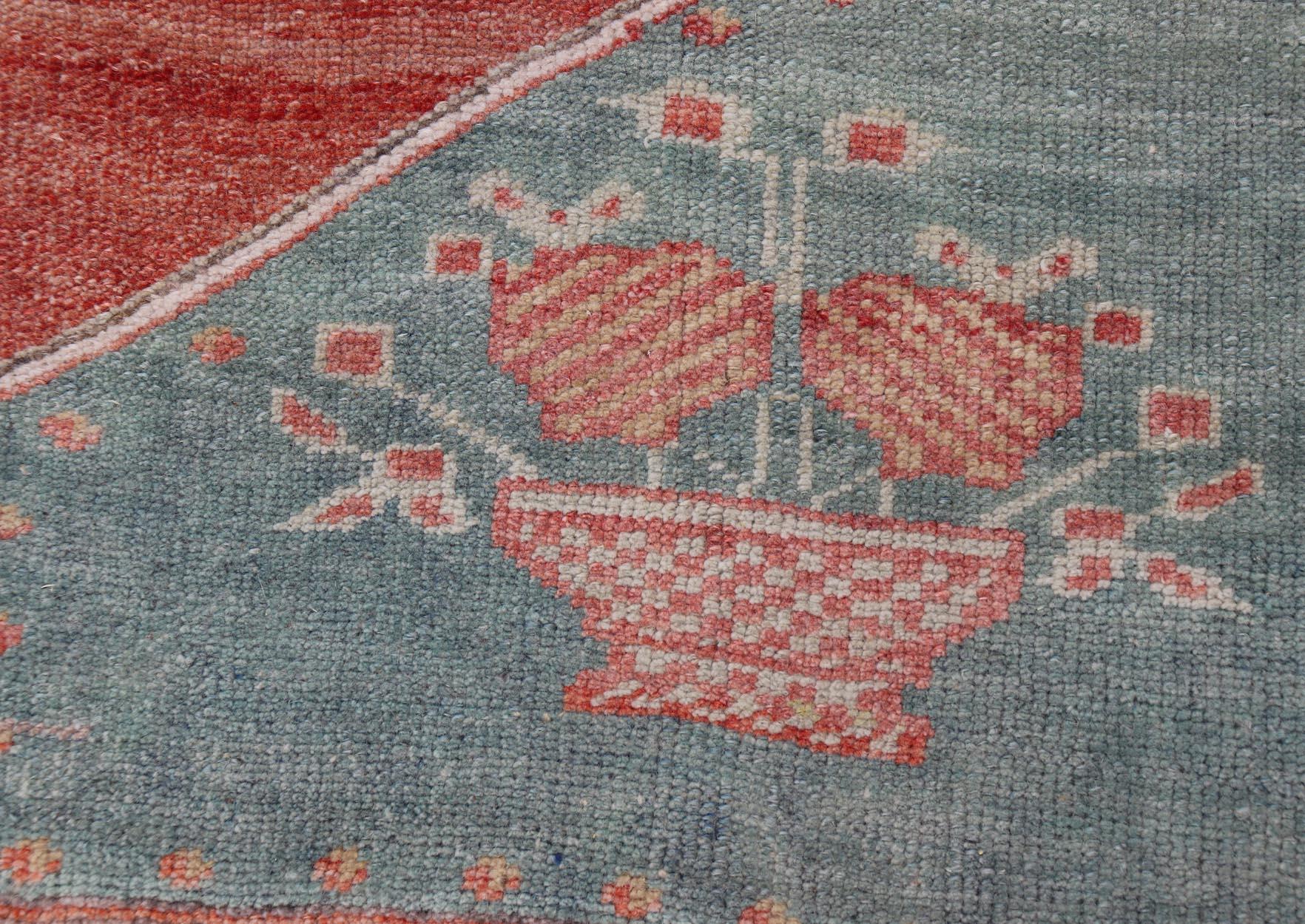 20th Century Vintage Turkish Oushak Rug with Large Medallion Design in Soft Red, Blue, Yellow For Sale