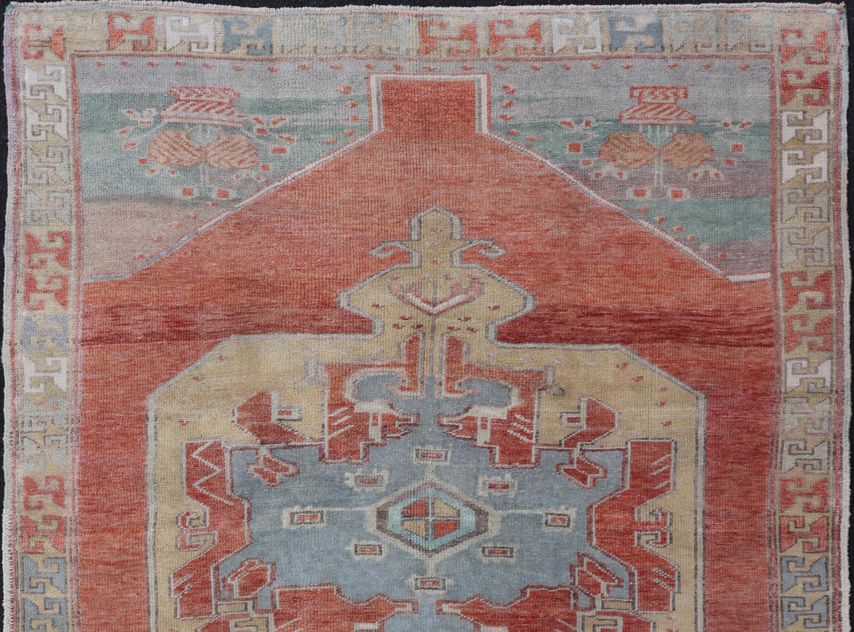 Vintage Turkish Oushak Rug with Large Medallion Design in Soft Red, Blue, Yellow For Sale 1