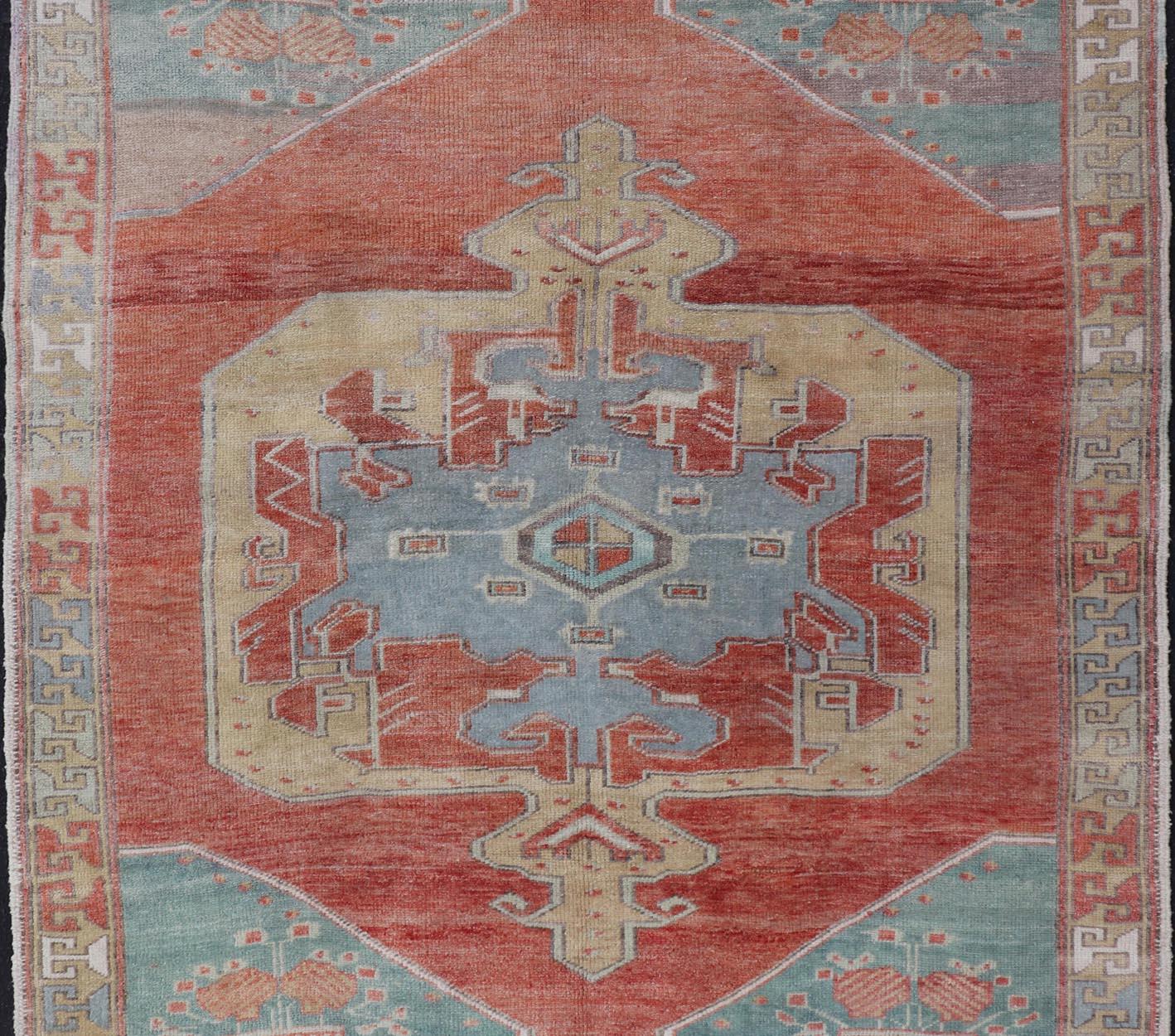 Vintage Turkish Oushak Rug with Large Medallion Design in Soft Red, Blue, Yellow For Sale 2