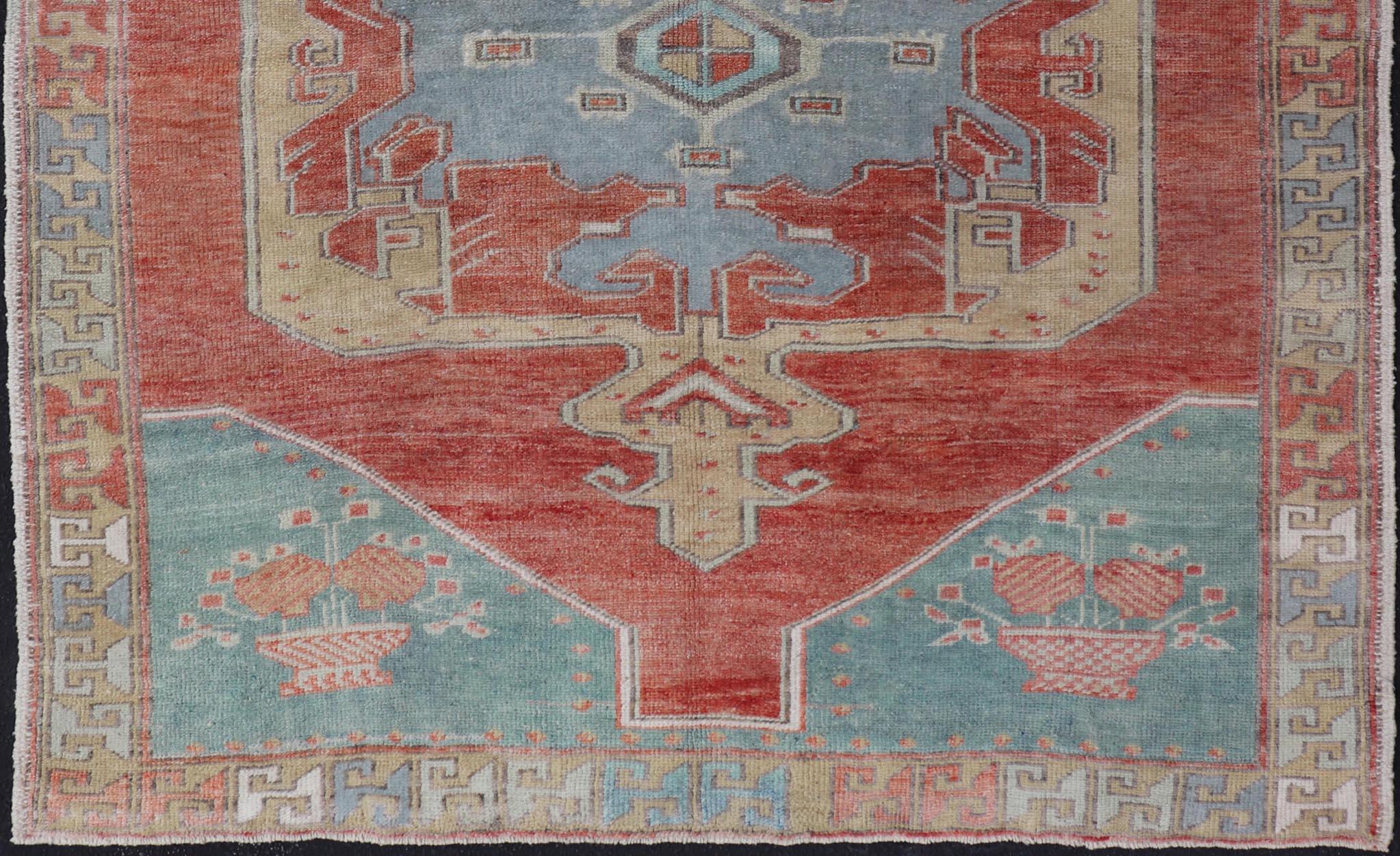 Vintage Turkish Oushak Rug with Large Medallion Design in Soft Red, Blue, Yellow For Sale 3