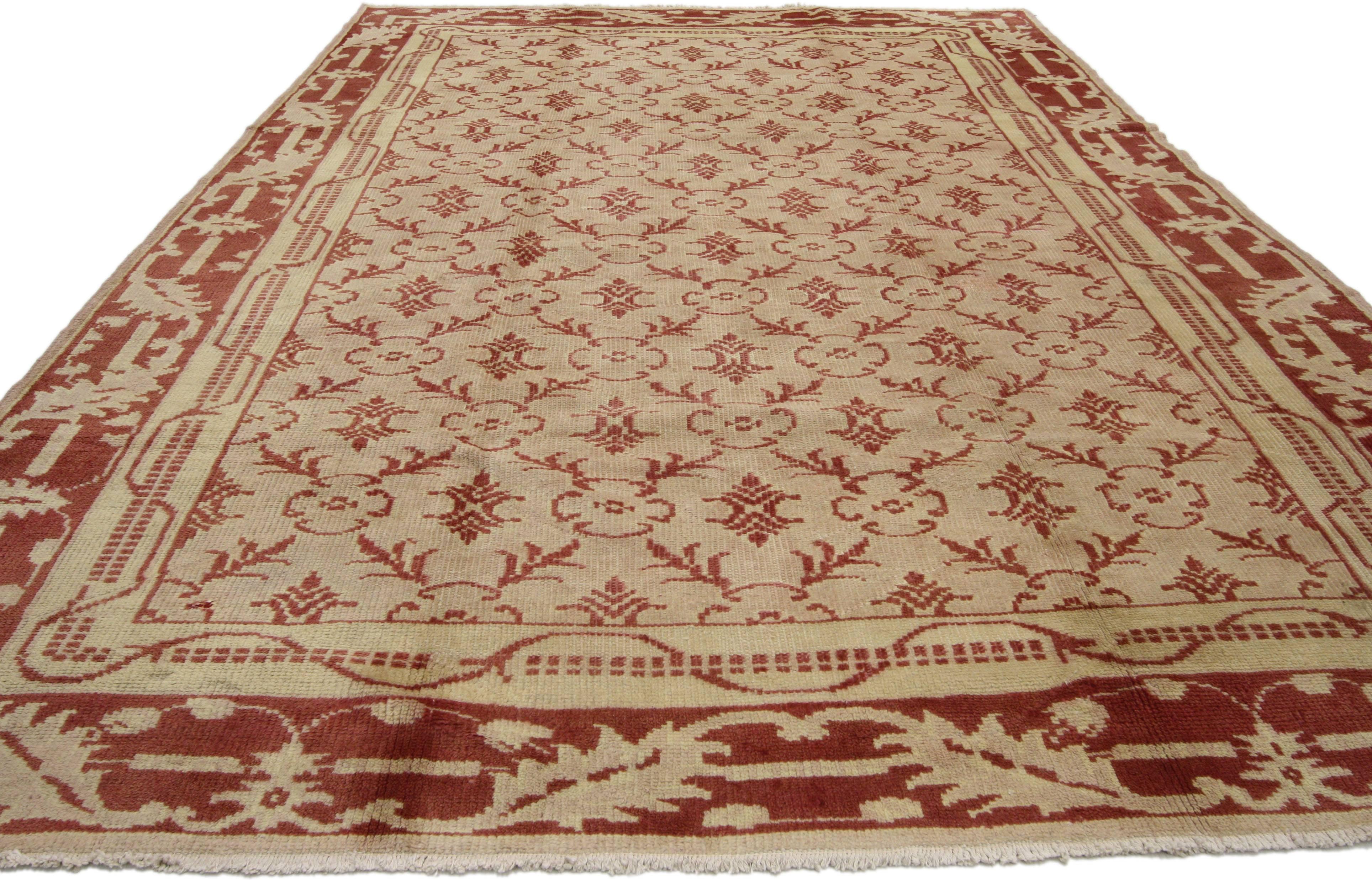Wool Vintage Turkish Oushak Rug with Lattice and Leaf Border, Traditional Style For Sale