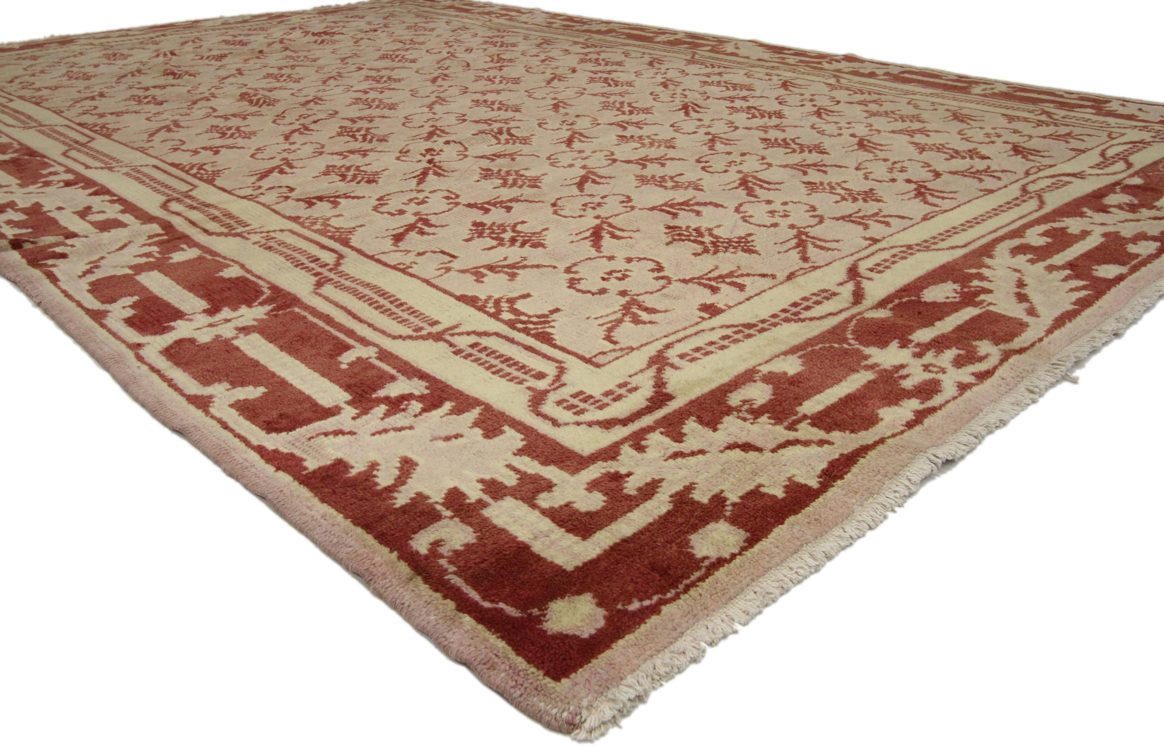 Hand-Knotted Vintage Turkish Oushak Rug with Lattice and Leaf Border, Traditional Style For Sale