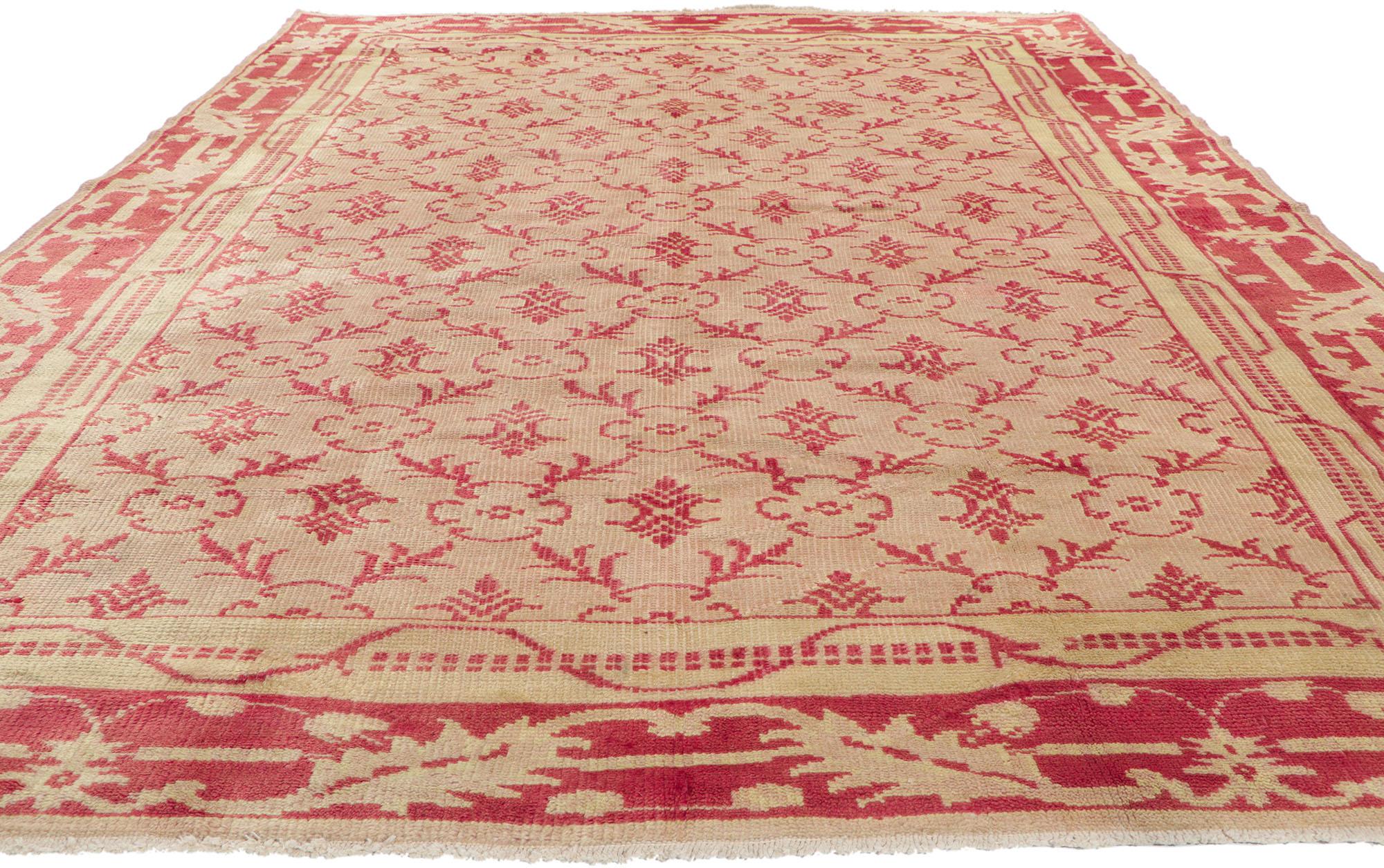 20th Century Vintage Turkish Oushak Rug with Lattice and Leaf Border, Traditional Style For Sale