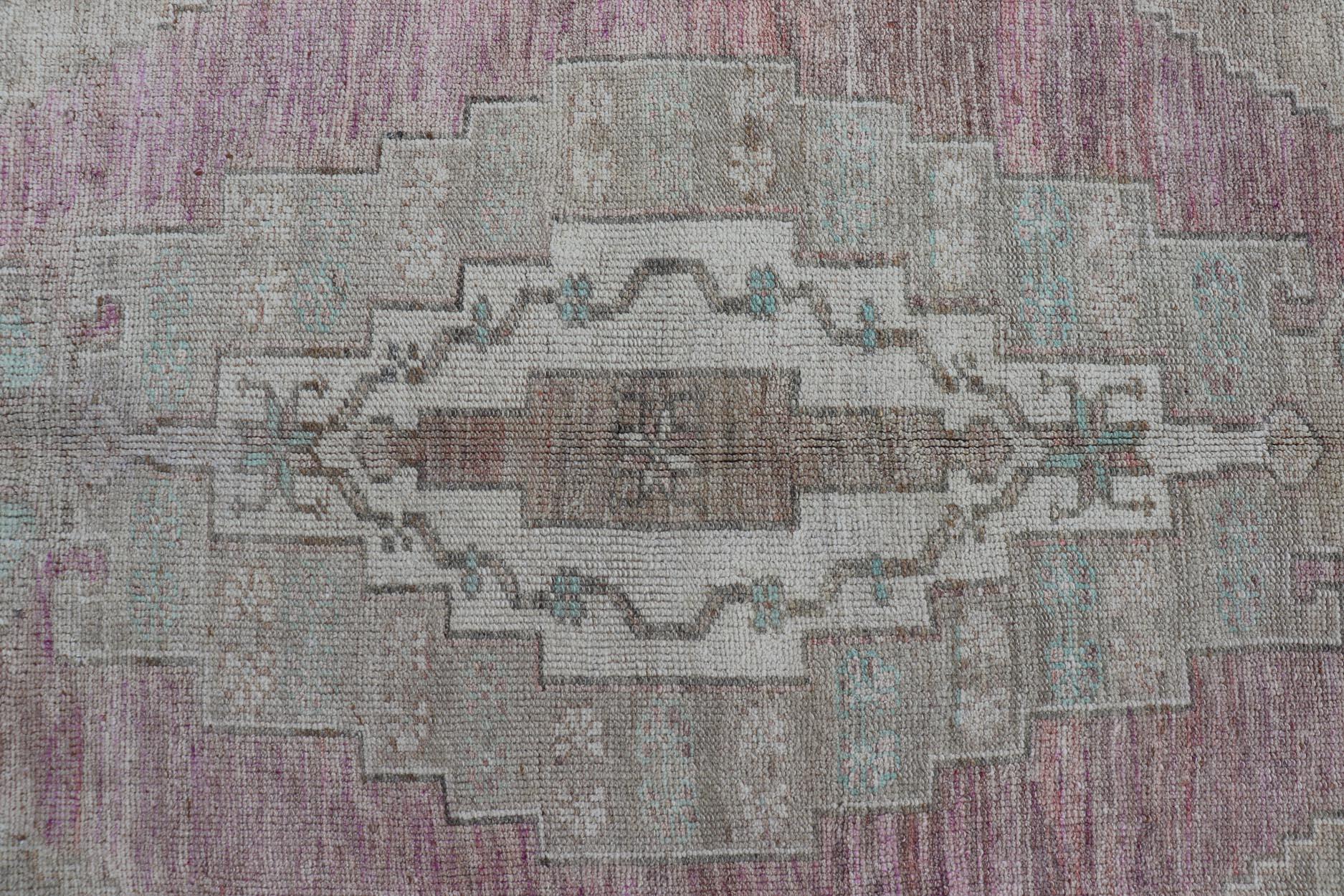 Hand-Knotted Vintage Turkish Oushak Rug with Layered Medallion Design For Sale