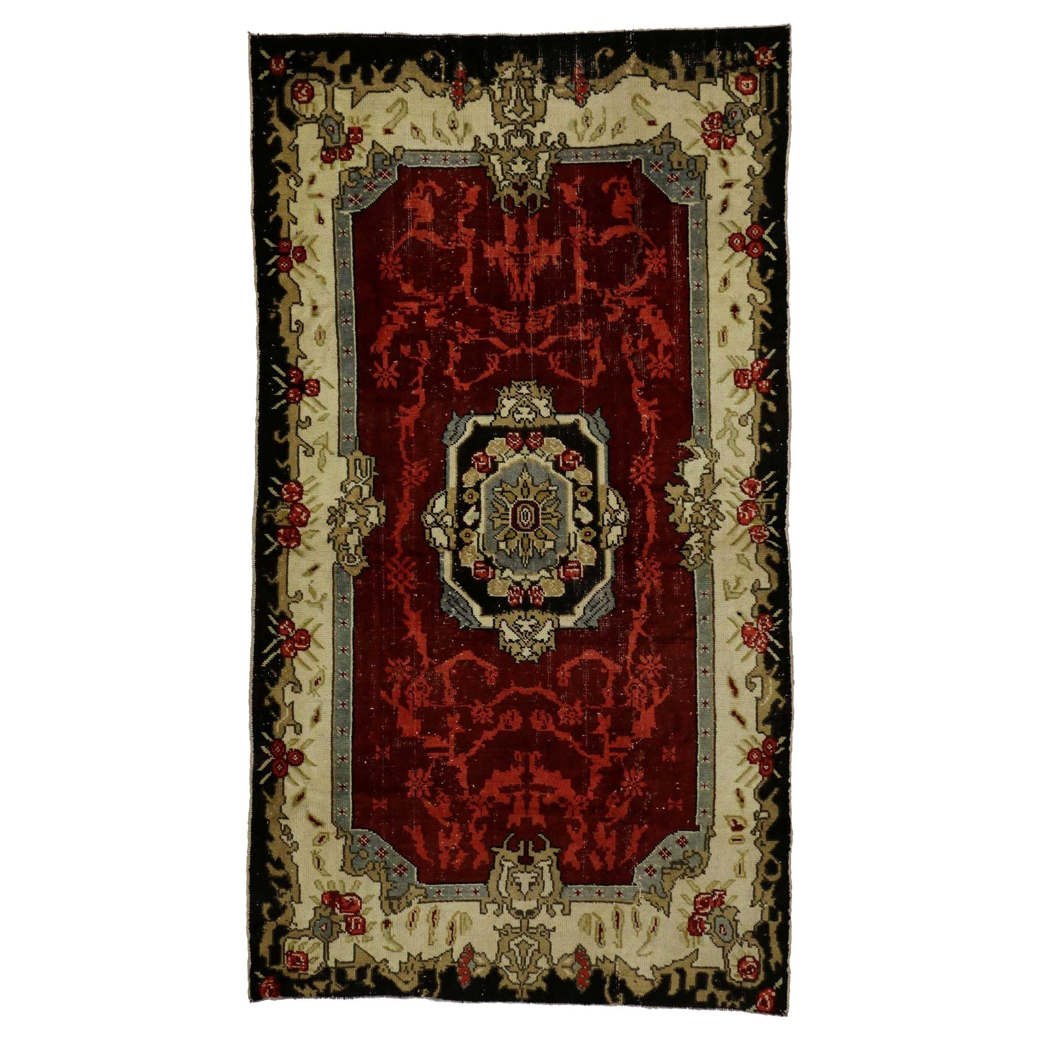 Vintage Turkish Oushak Rug with Rustic Luxe Jacobean Style For Sale at