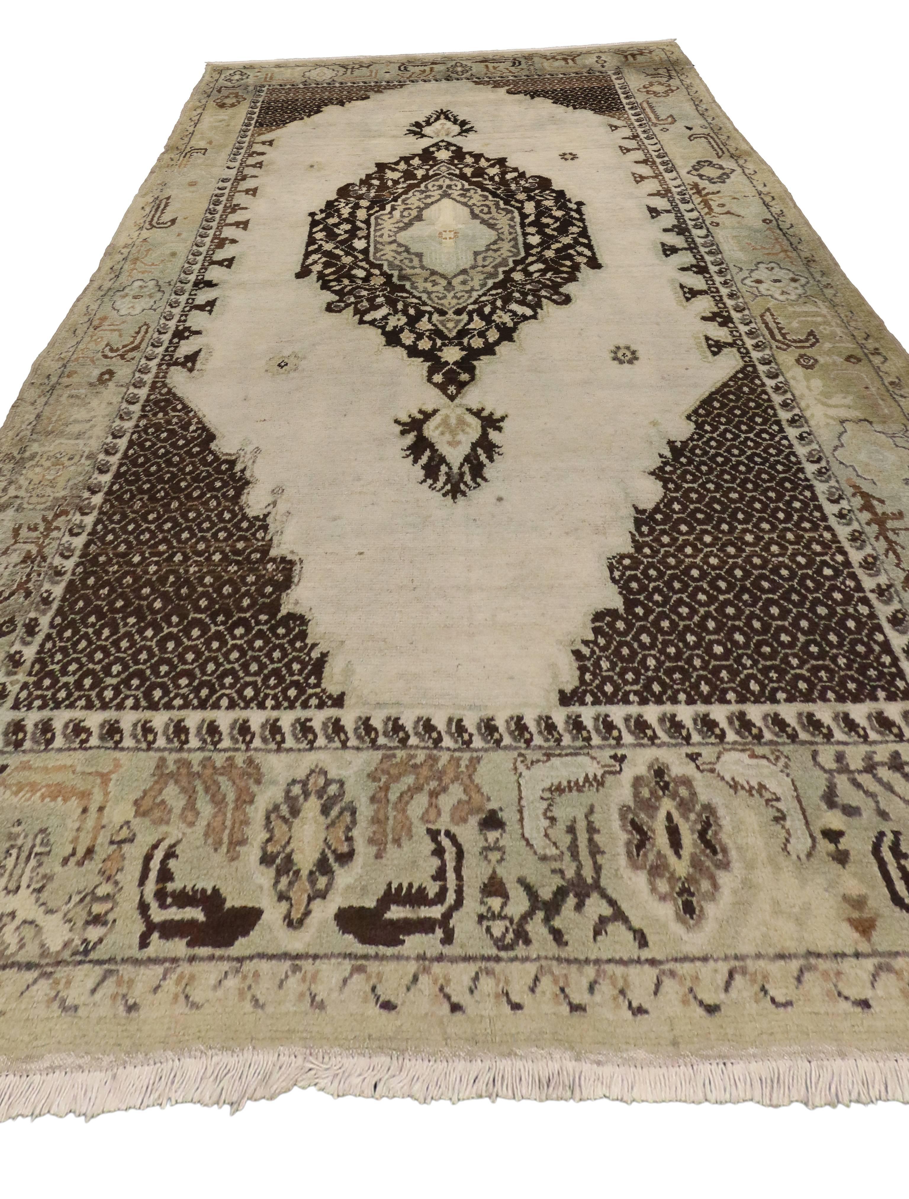 Hand-Knotted Vintage Turkish Oushak Rug with Medallion and Corner Design