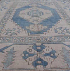 Vintage Turkish Oushak Rug with Medallion Design in Blue, Lt. Teal & Ivory