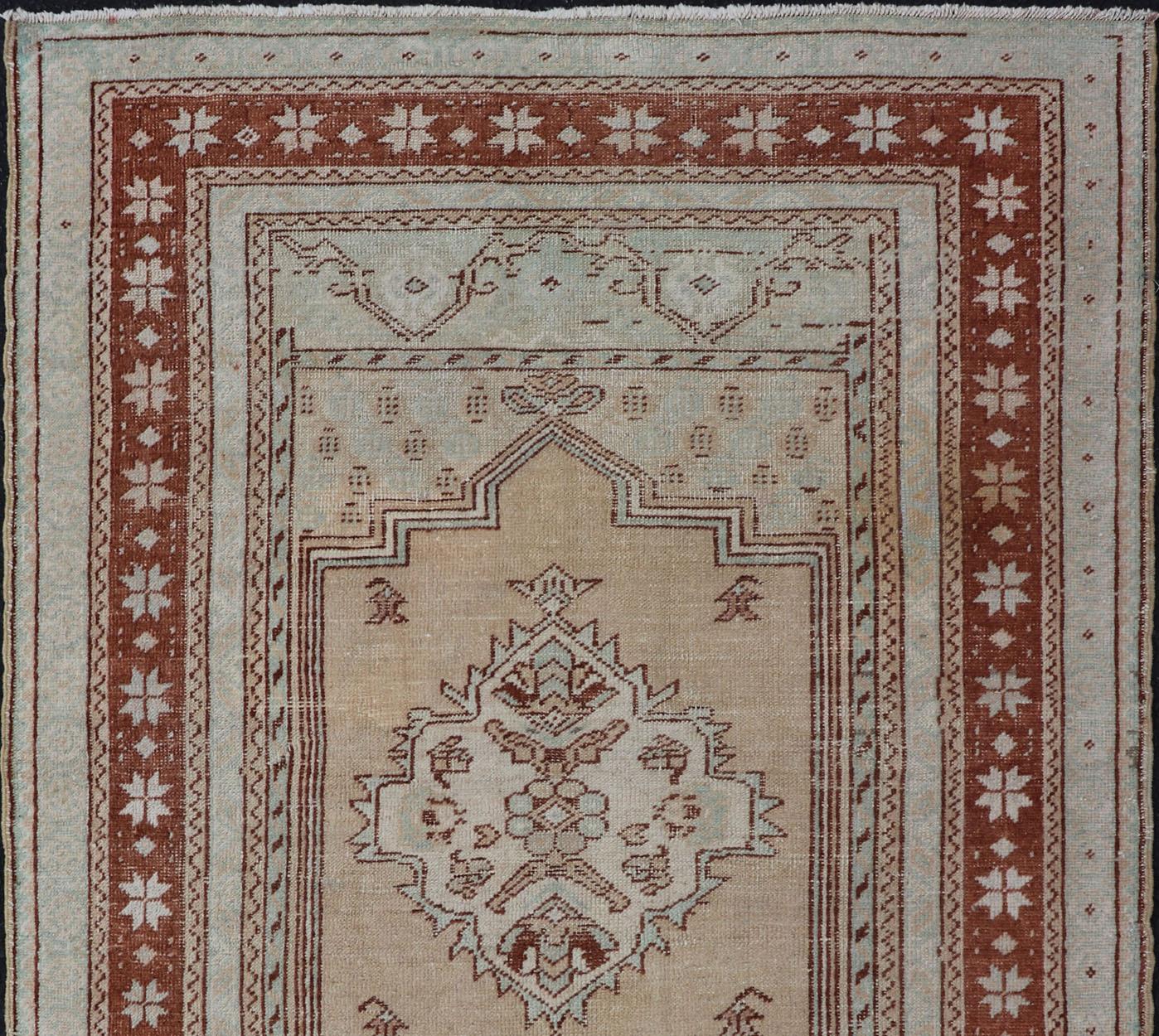 Hand-Knotted Vintage Turkish Oushak Rug with Medallion Design in Camel, Taupe, and Light Blue For Sale