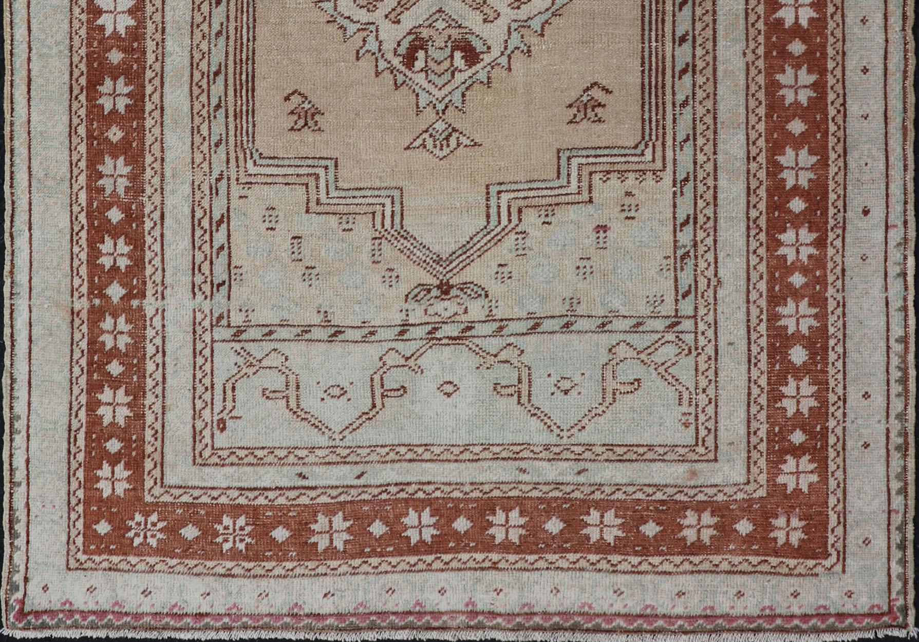 20th Century Vintage Turkish Oushak Rug with Medallion Design in Camel, Taupe, and Light Blue For Sale
