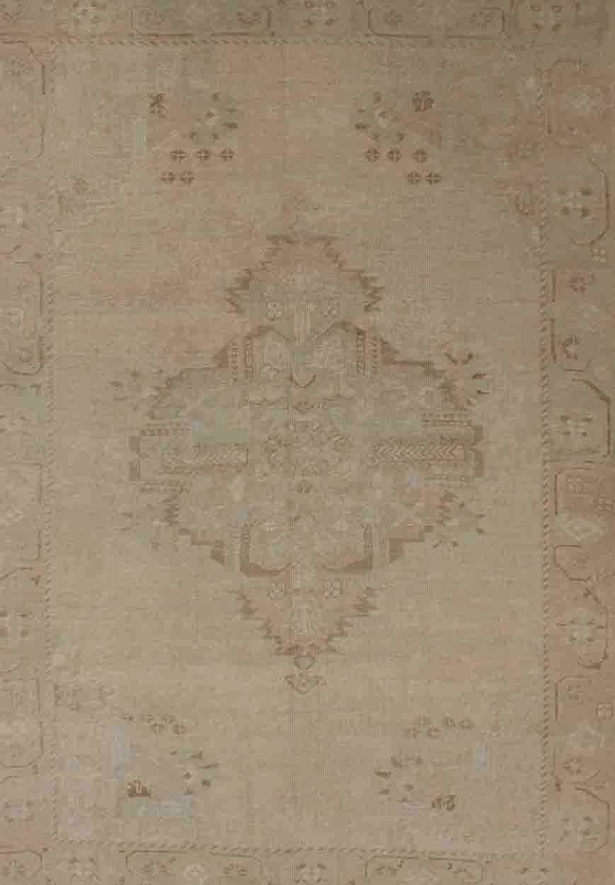 Hand-Knotted Vintage Turkish Oushak Rug with Medallion Design in Camel, Taupe, and Tan For Sale