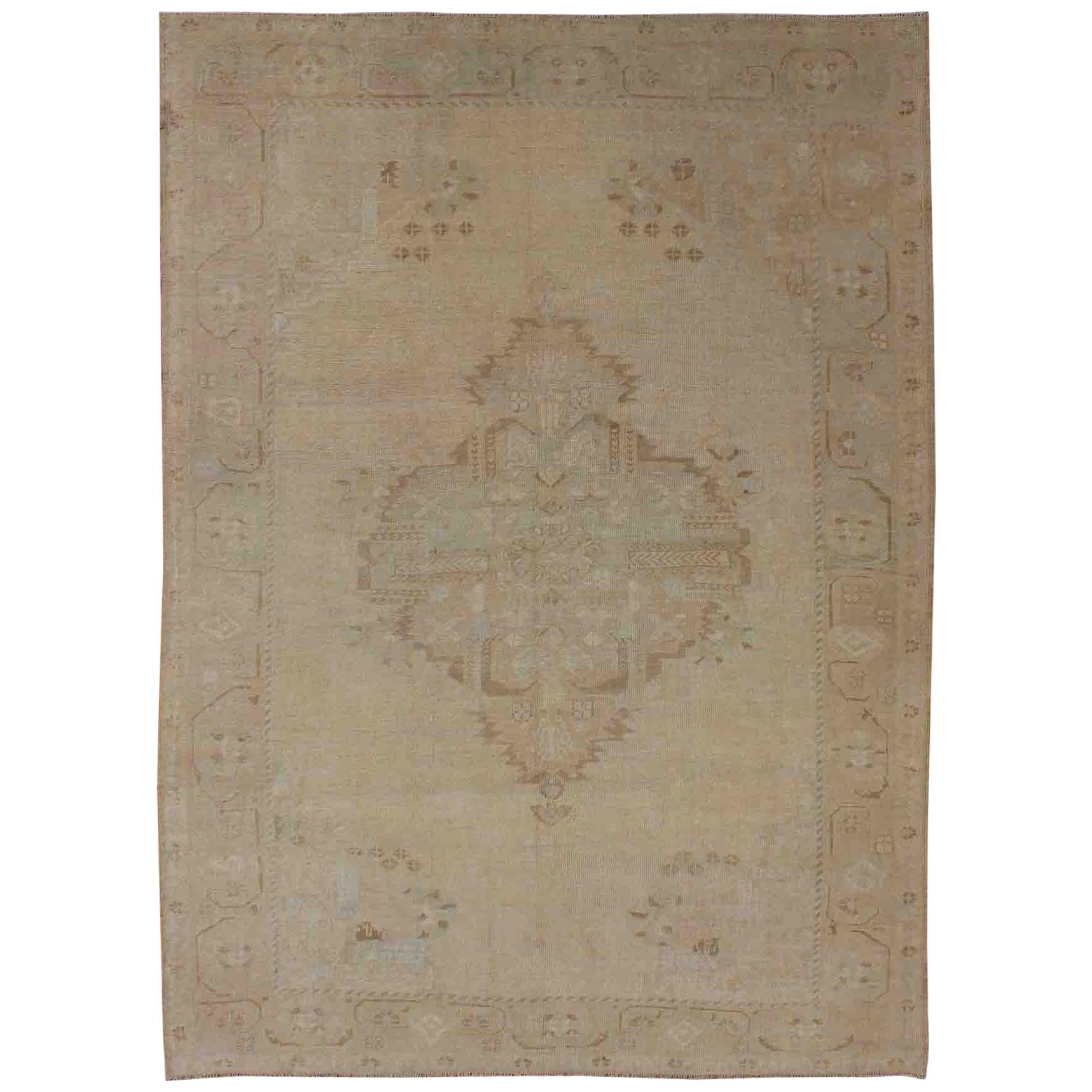 Vintage Turkish Oushak Rug with Medallion Design in Camel, Taupe, and Tan For Sale