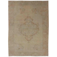 Vintage Turkish Oushak Rug with Medallion Design in Camel, Taupe, and Tan