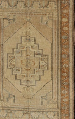 Vintage Turkish Oushak Rug with Medallion Design in Camel, Taupe, Green & Brown