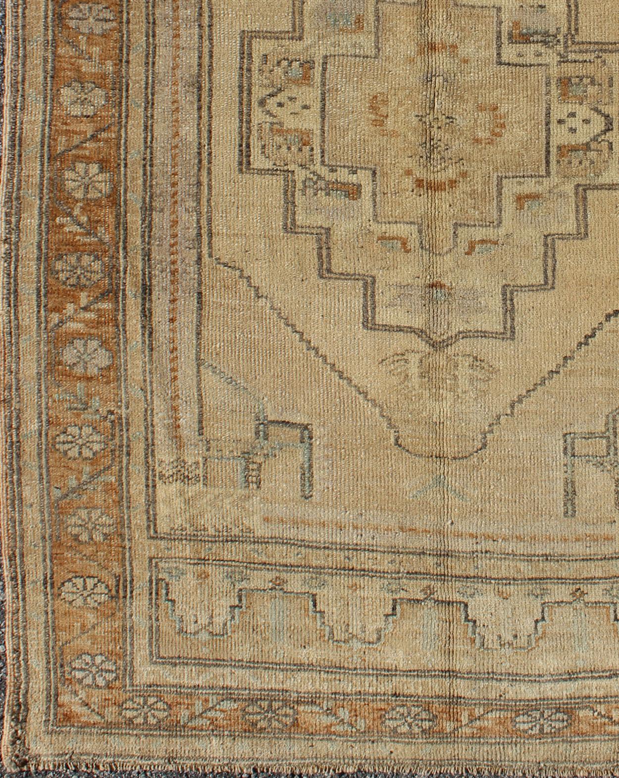 Hand-Knotted Vintage Turkish Oushak Rug with Medallion Design in Camel, Taupe, Green & Brown For Sale