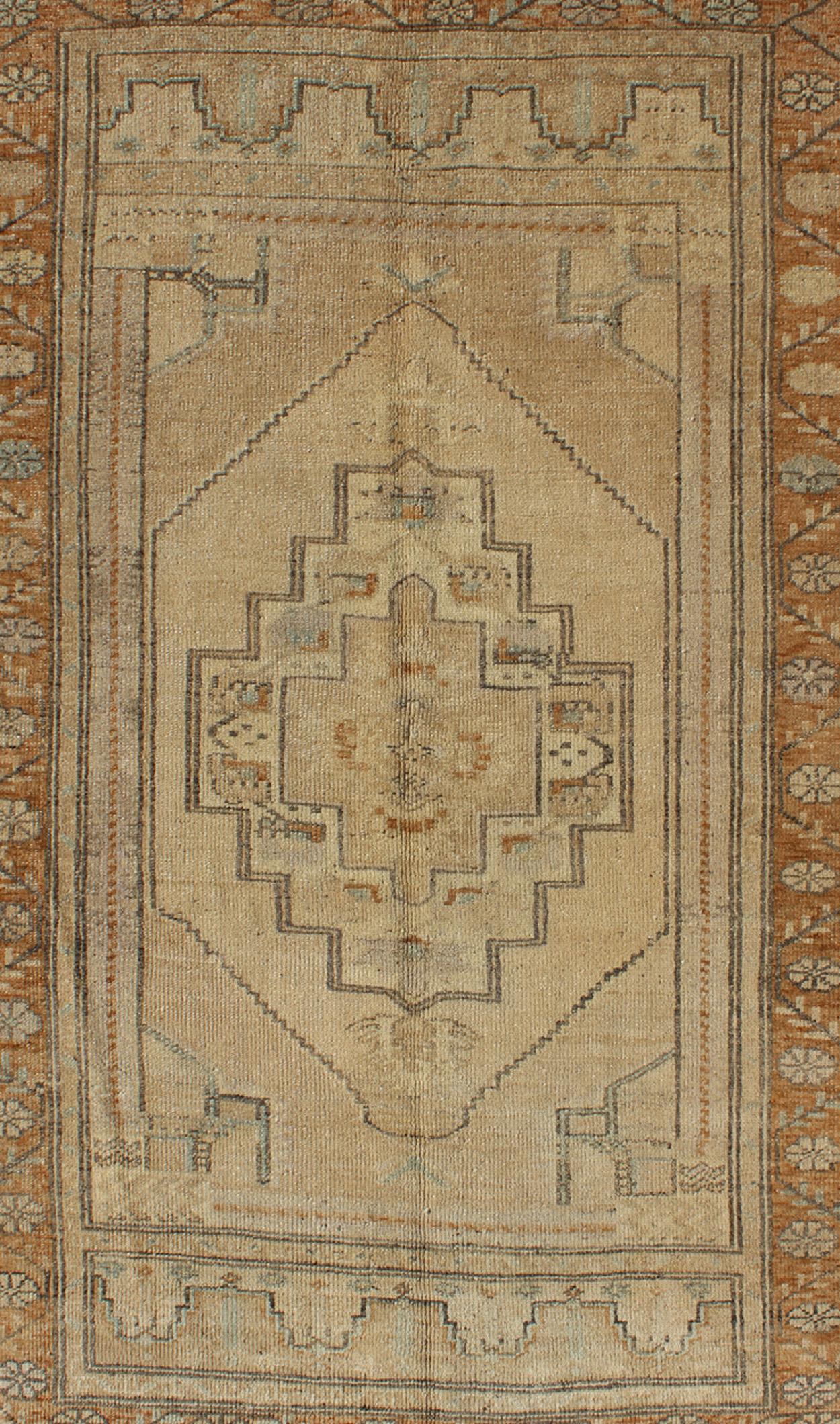 Vintage Turkish Oushak Rug with Medallion Design in Camel, Taupe, Green & Brown In Good Condition For Sale In Atlanta, GA