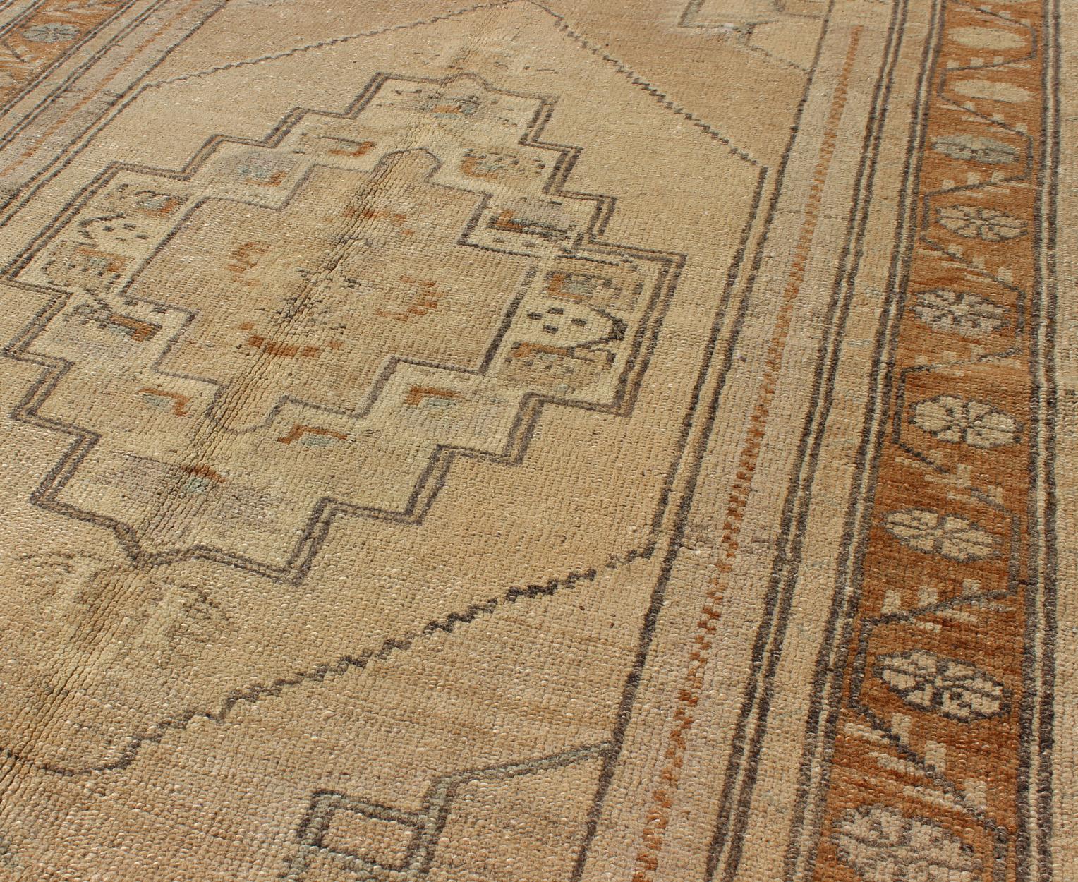 20th Century Vintage Turkish Oushak Rug with Medallion Design in Camel, Taupe, Green & Brown For Sale