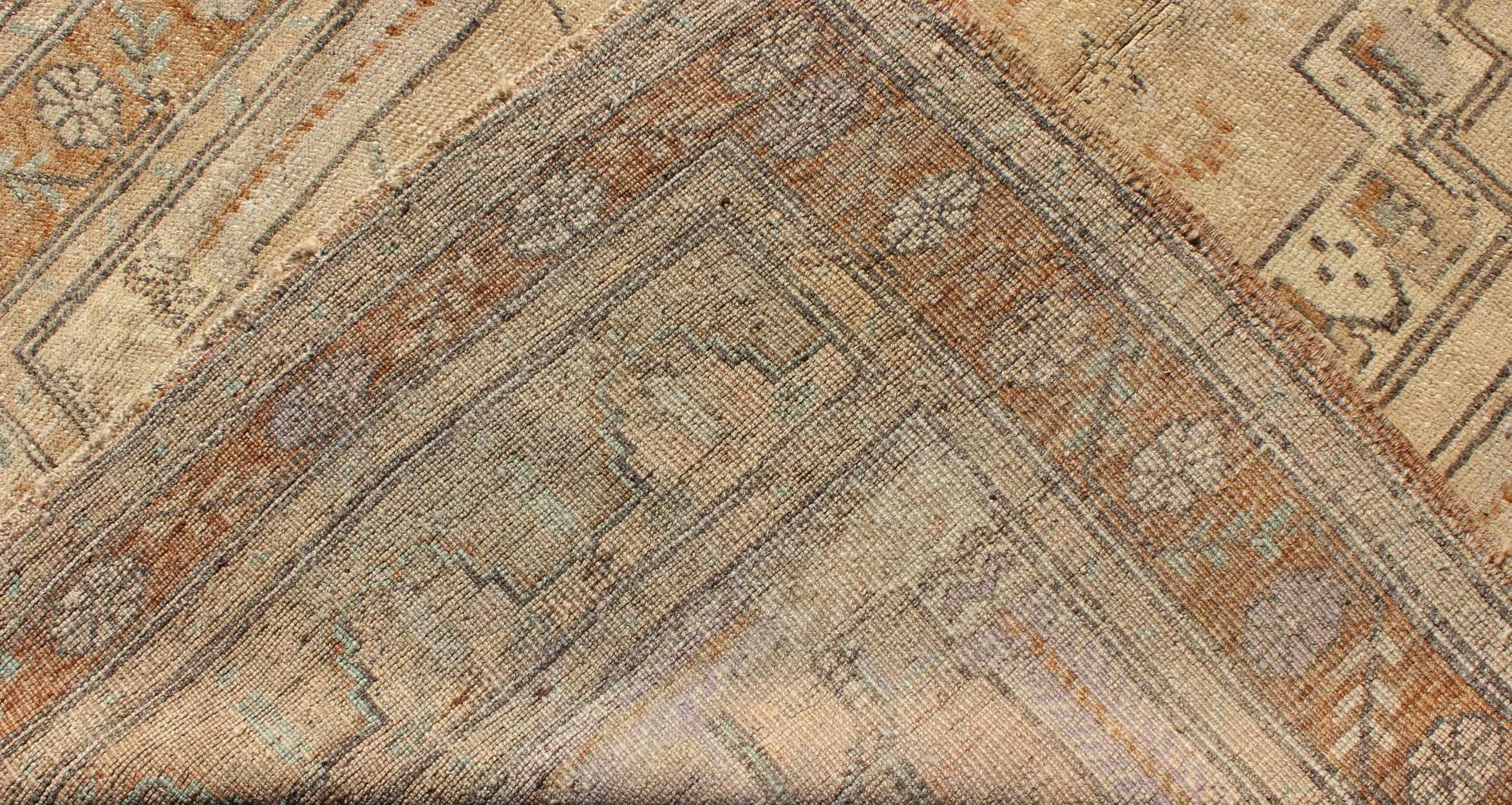Wool Vintage Turkish Oushak Rug with Medallion Design in Camel, Taupe, Green & Brown For Sale