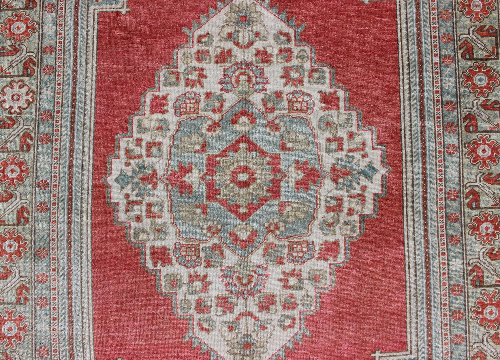 Wool Vintage Turkish Oushak Rug with Medallion Design in Pink Red and Gray Blue For Sale