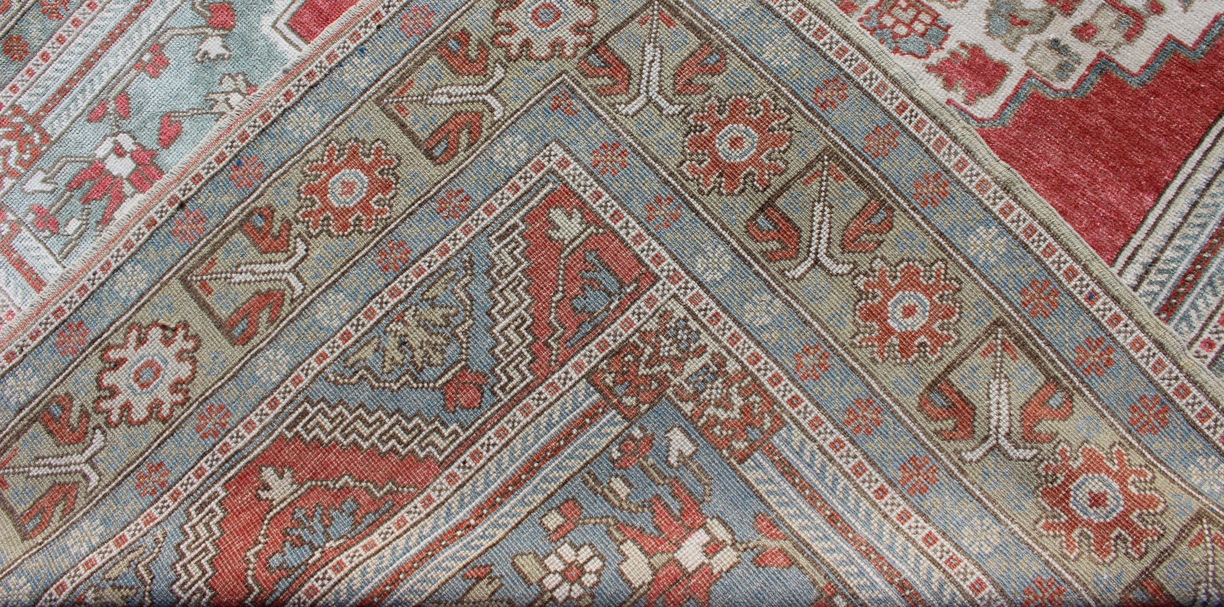 Vintage Turkish Oushak Rug with Medallion Design in Pink Red and Gray Blue For Sale 3