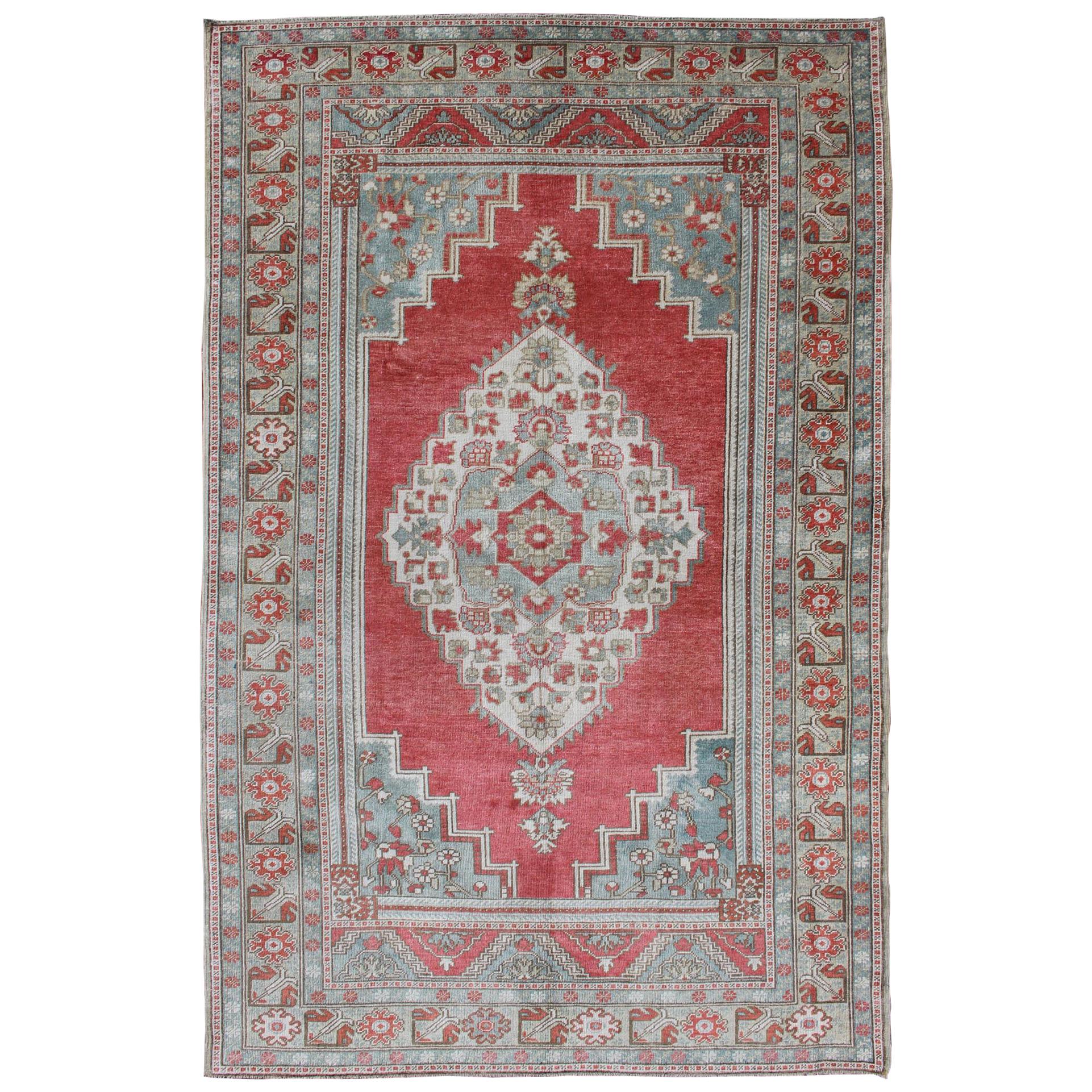 Vintage Turkish Oushak Rug with Medallion Design in Pink Red and Gray Blue