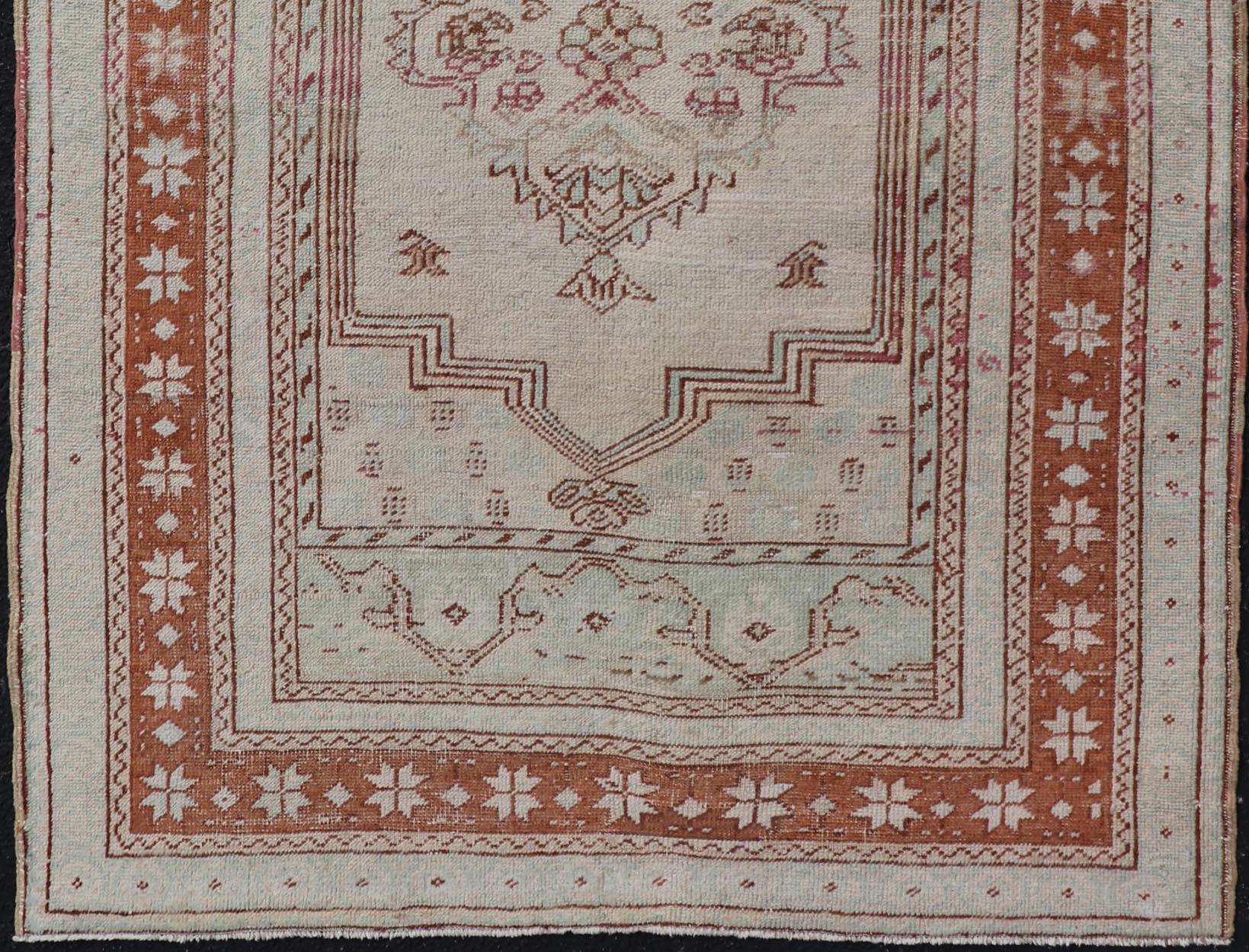 Hand-Knotted Vintage Turkish Oushak Rug with Medallion Design in Taupe, Light Green, & Brown For Sale