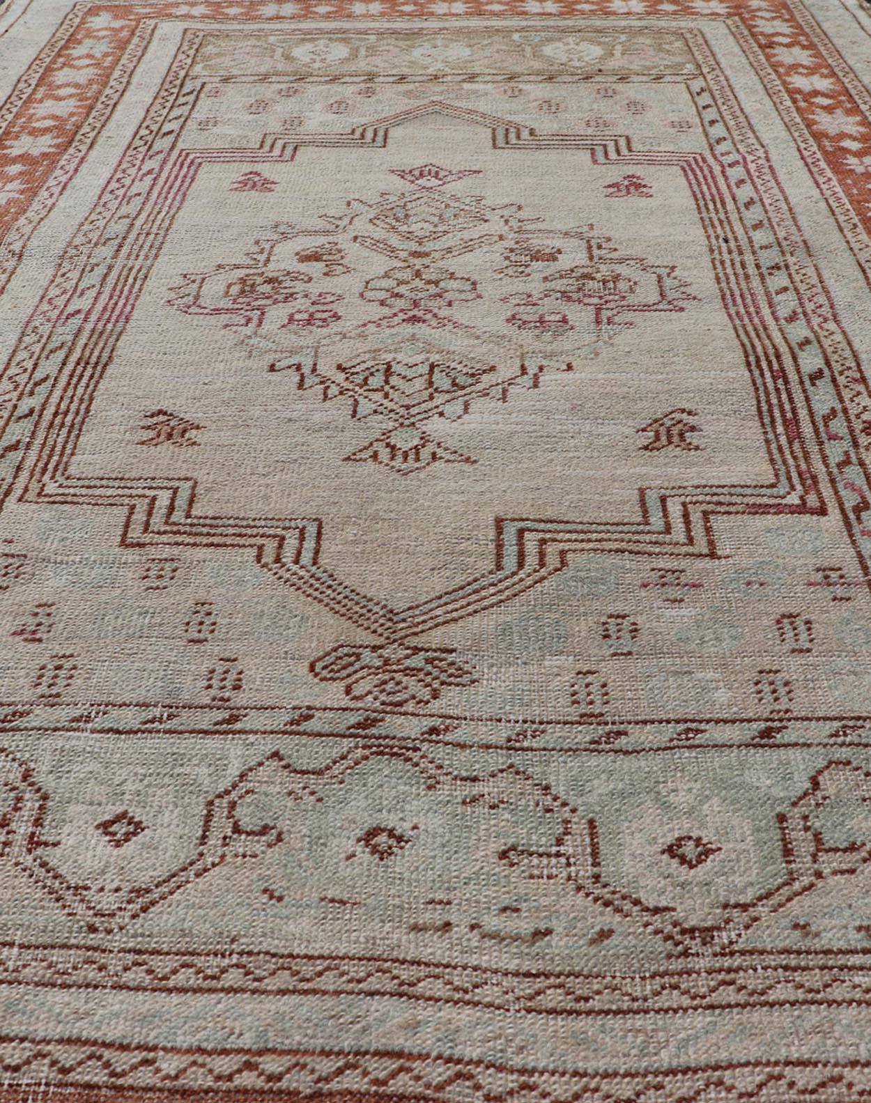 20th Century Vintage Turkish Oushak Rug with Medallion Design in Taupe, Light Green, & Brown For Sale