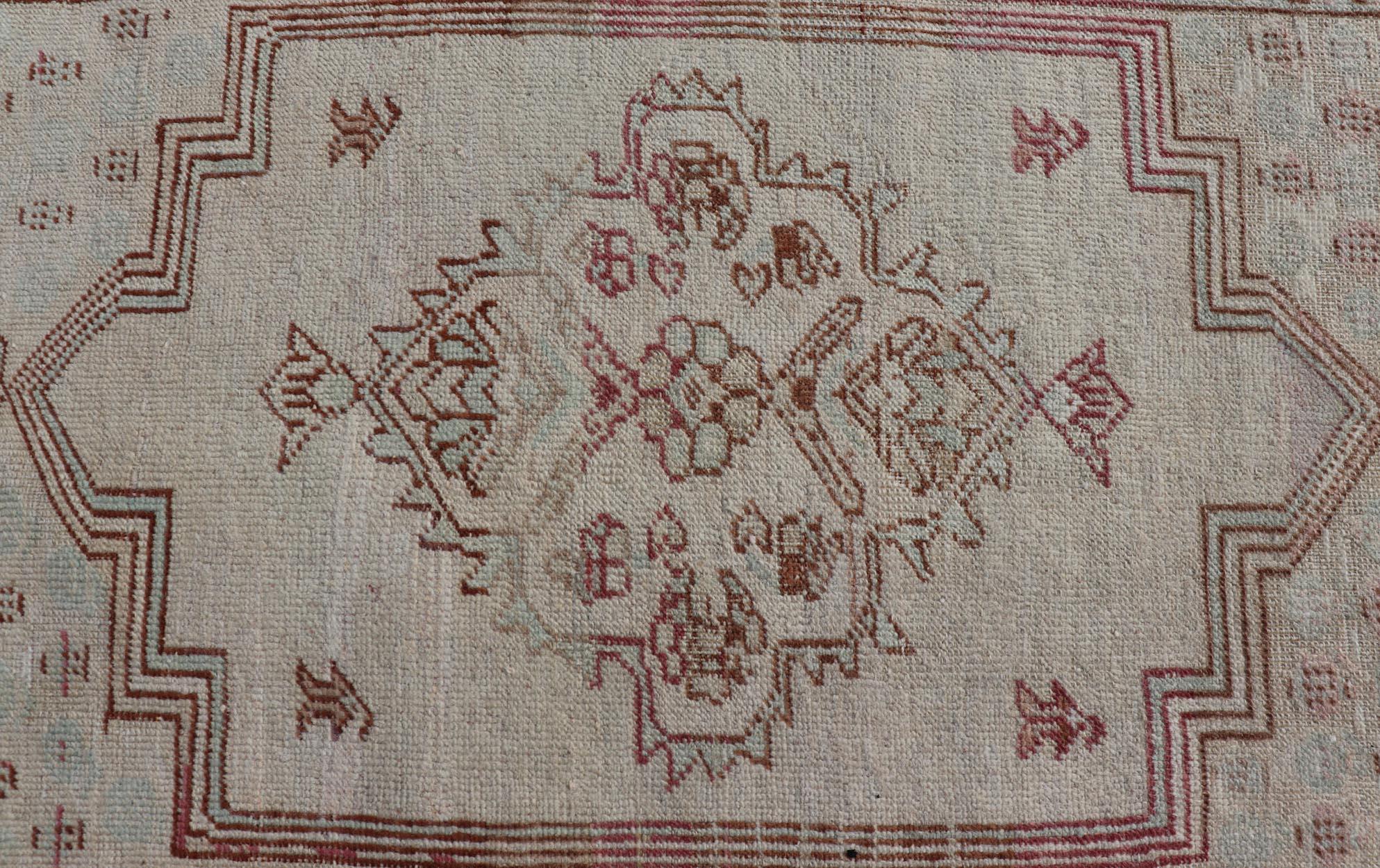 Wool Vintage Turkish Oushak Rug with Medallion Design in Taupe, Light Green, & Brown For Sale