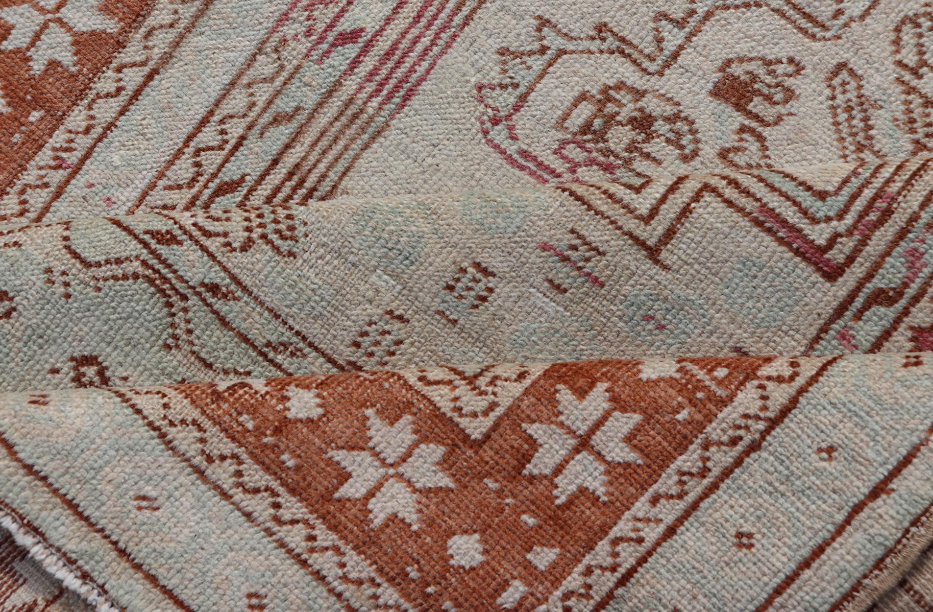 Vintage Turkish Oushak Rug with Medallion Design in Taupe, Light Green, & Brown For Sale 3