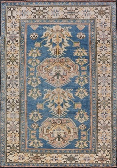 Vintage Turkish Oushak Rug with Medallion Design On A Blue Field 4'8" X7'2"