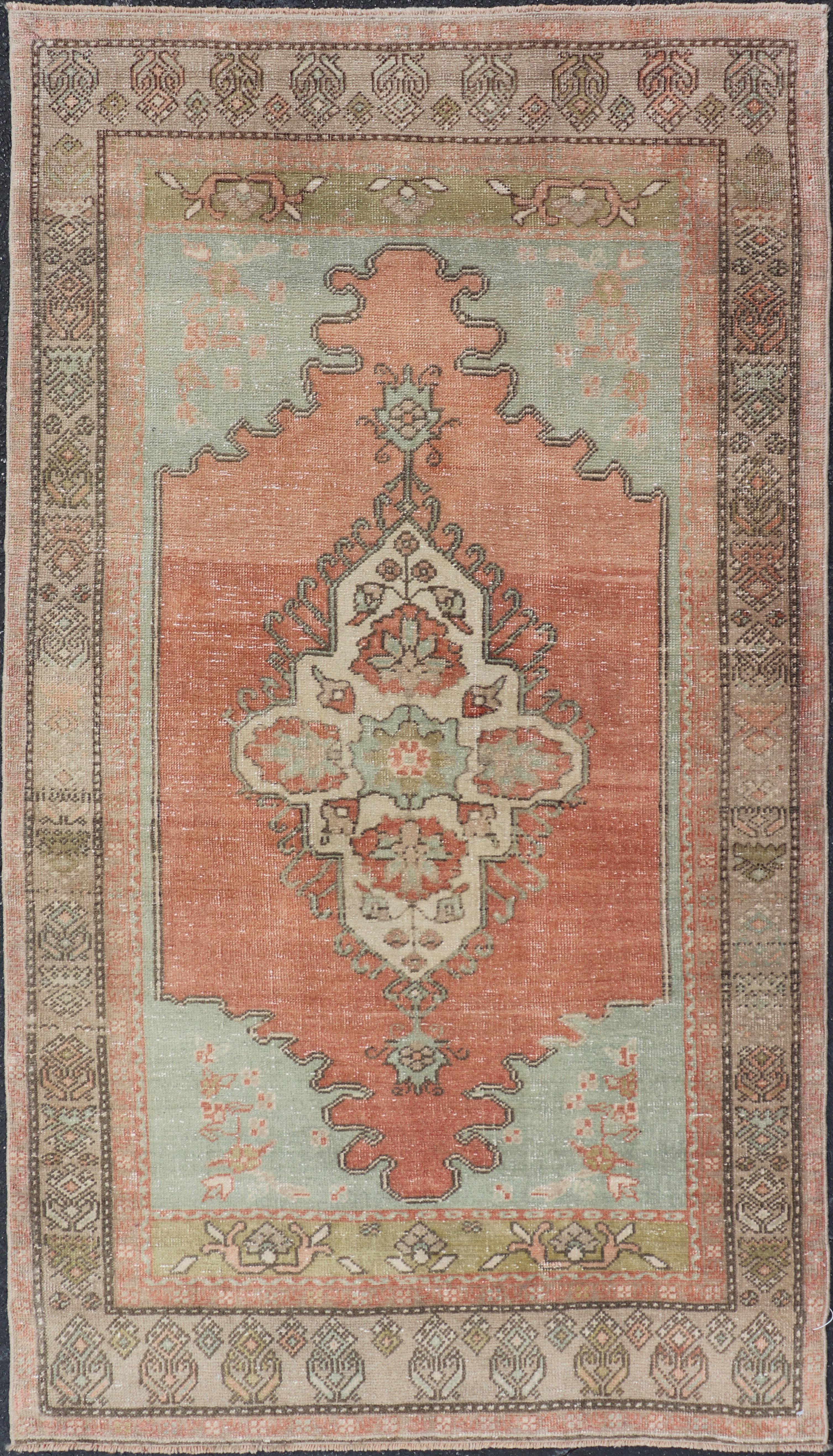 Vintage Turkish Oushak Rug With Medallion in Earthy Color Tones With Coral Color For Sale 1