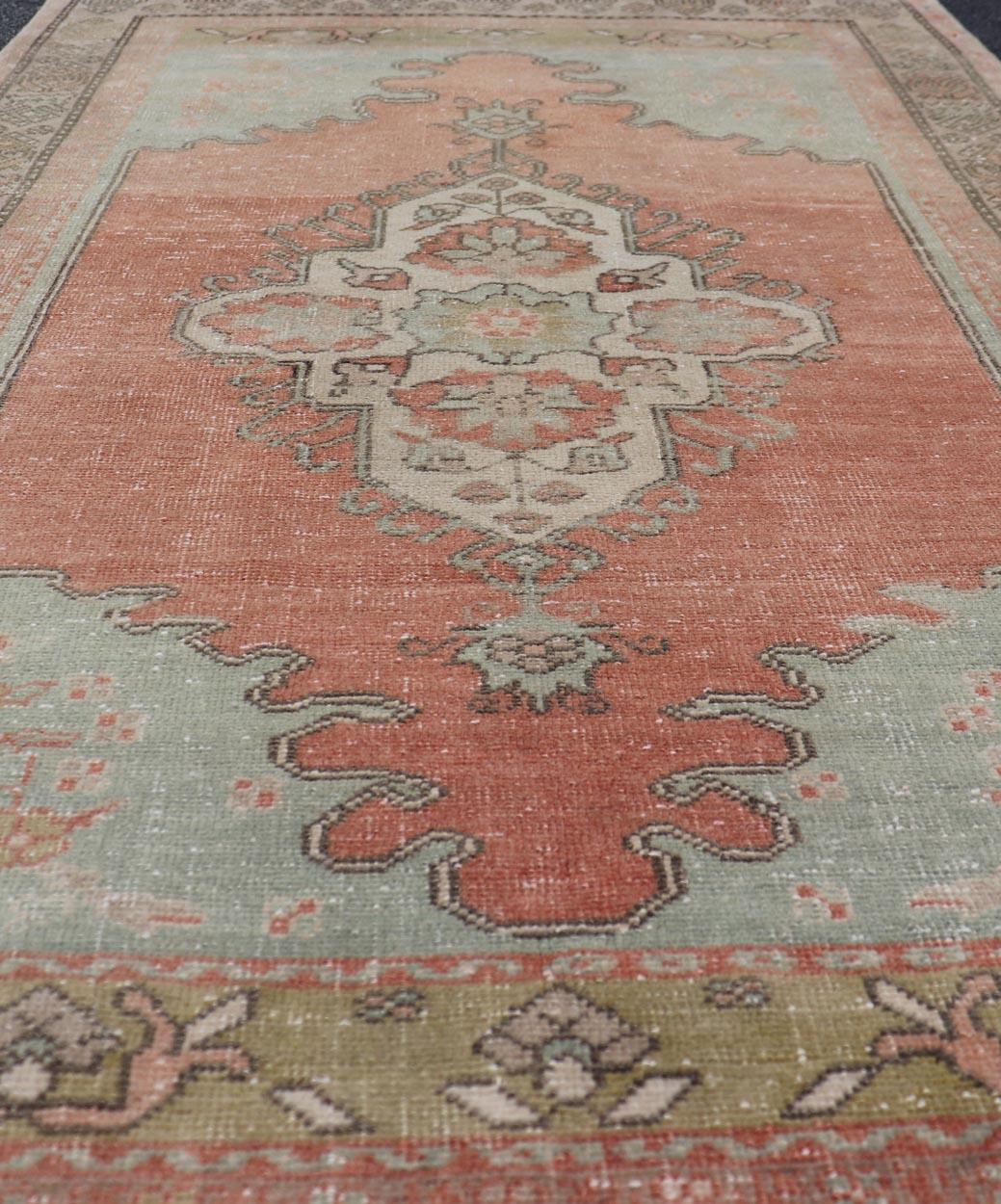 Vintage Turkish Oushak Rug With Medallion in Earthy Color Tones With Coral Color For Sale 2