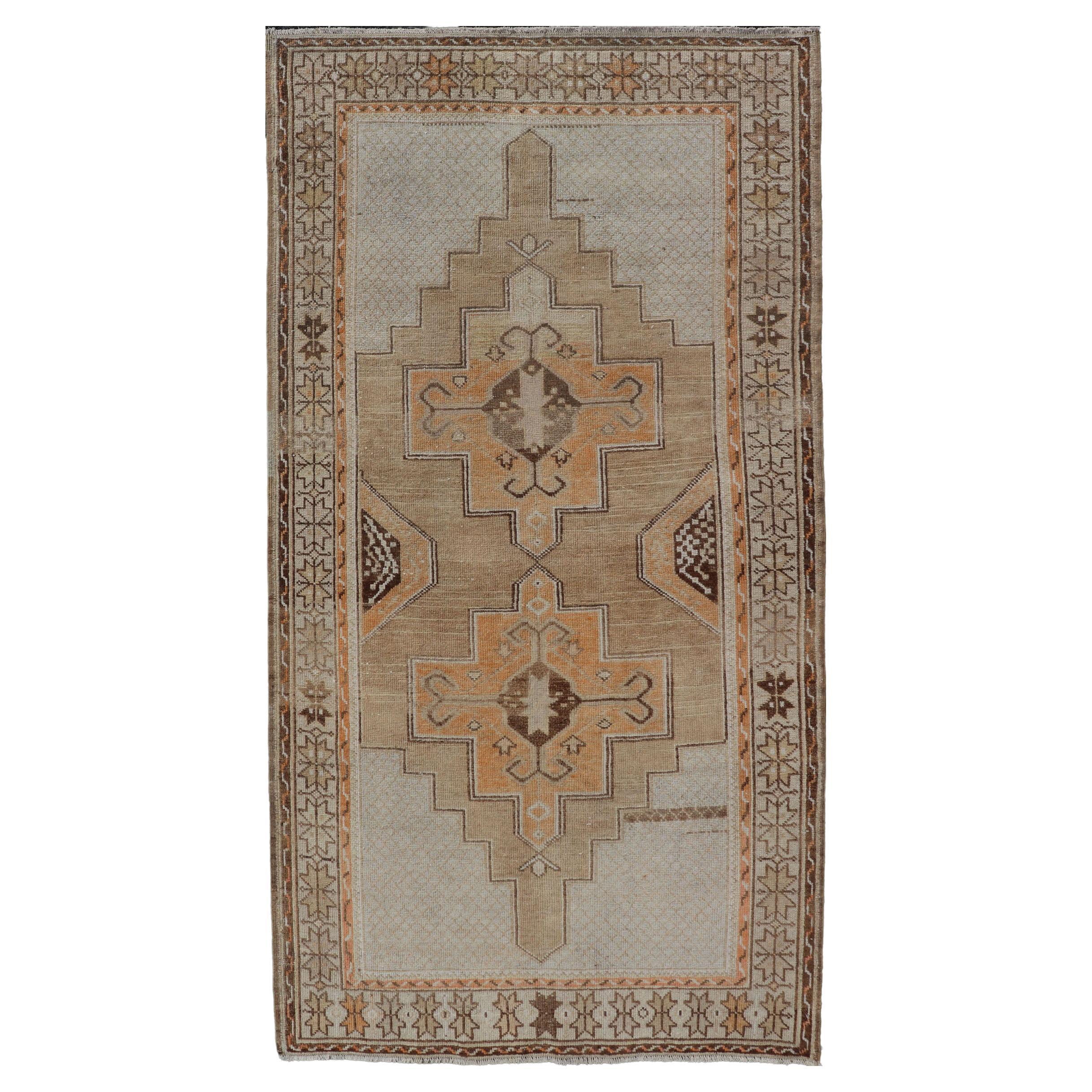 Vintage Turkish Oushak Rug With Medallions in Earthy Color Tones with Orange