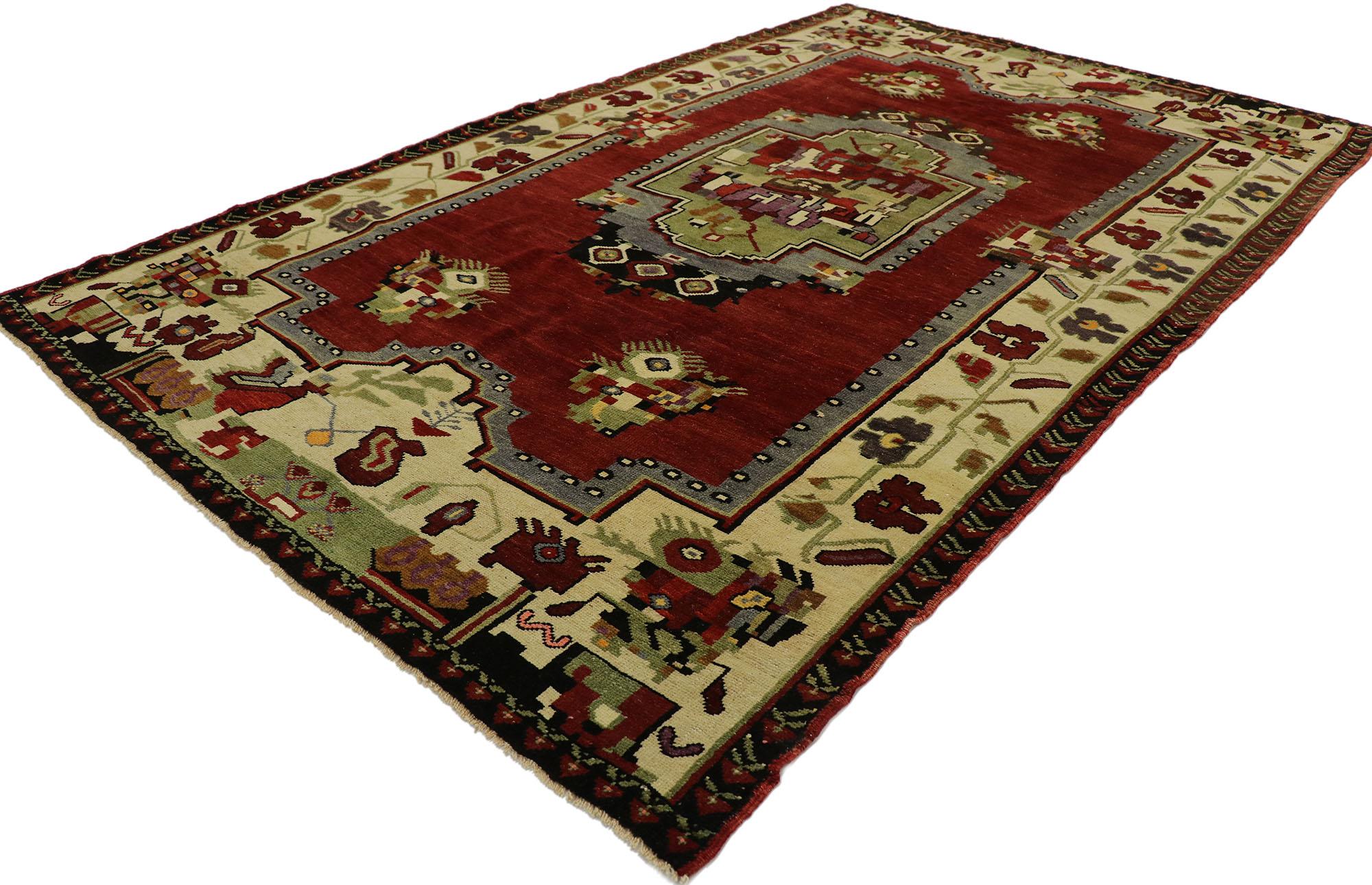 53180 vintage Turkish Oushak rug with Medieval English Tudor style. Rich in detail with a traditional feel, this hand knotted wool vintage Turkish Oushak rug beautifully embodies a Medieval English Tudor style. The abrashed dark red field features a