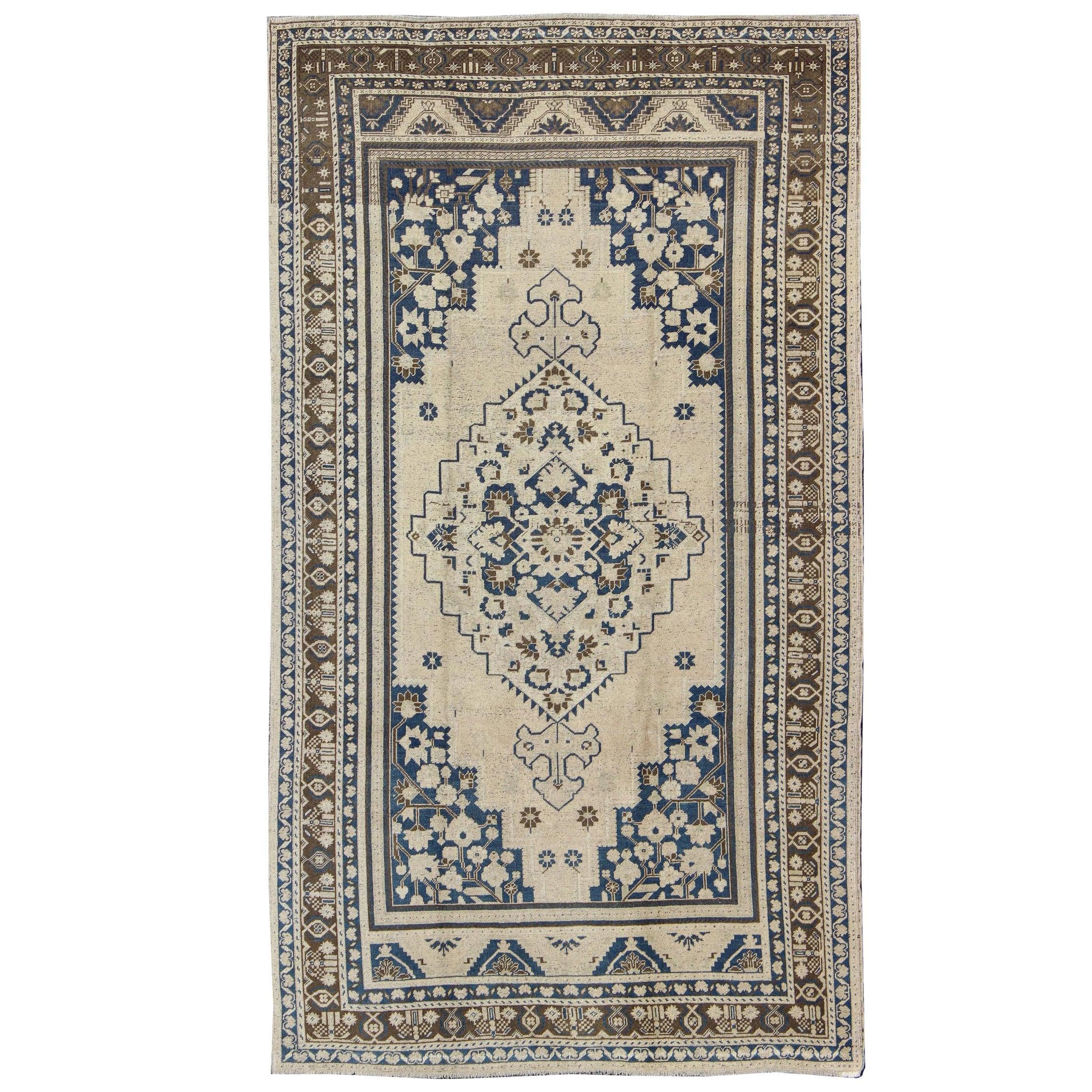 Vintage Turkish Oushak Rug with Denim Blue, Brown and Cream Colors