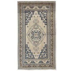 Vintage Turkish Oushak Rug with Denim Blue, Brown and Cream Colors