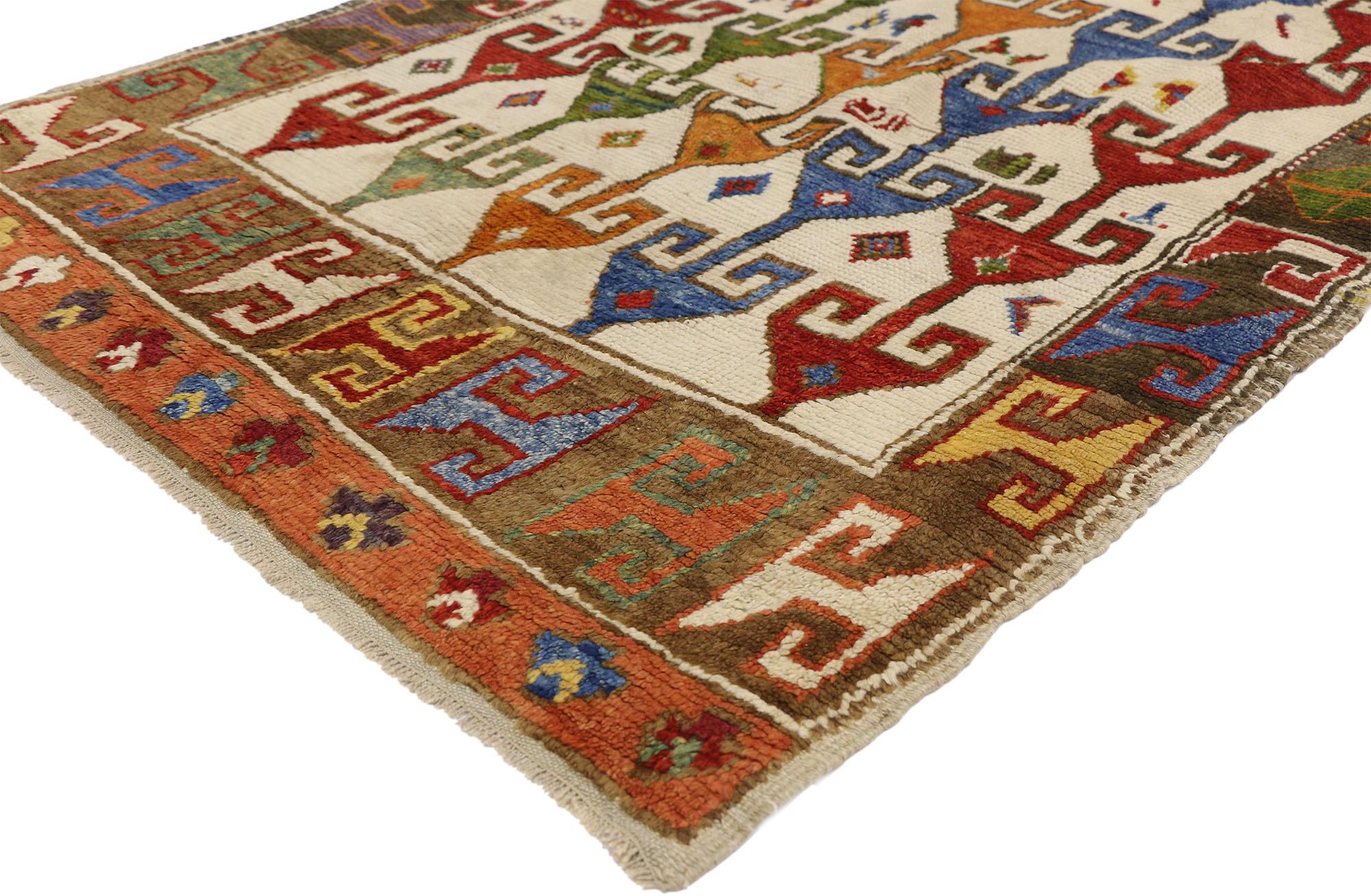 52448, vintage Turkish Oushak rug with Memphis Design style. Bright-hued trees of life motifs ornament the field in this joyful, playful hand knotted wool vintage Turkish Oushak rug with Memphis Design style. Trees of life often represent monotheism